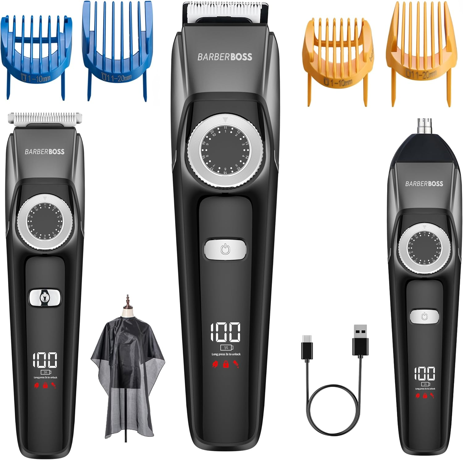 Barberboss Men'S Trimmer Waterproof 3 in 1 Hair Trimmer Hair Beard Nose Hair Trimmer with Adjustable Rotary Knob, LED Display and USB Charging Kit for Men image number 3