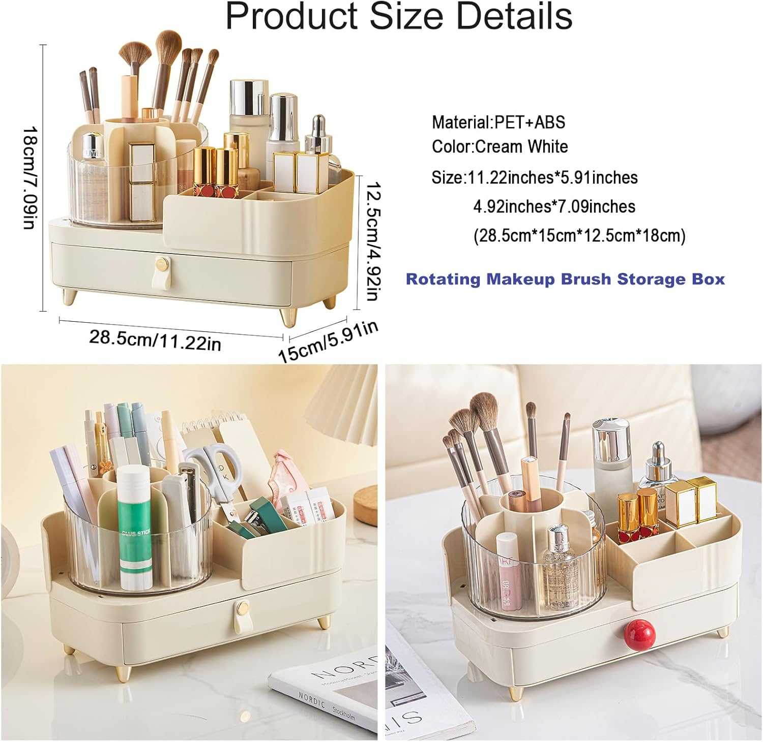 DASITON 360&deg; Rotating Makeup Organizer with Drawers,Large Capacity Cosmetic Display Case,Skincare Organizer with Makeup Brush Holder,Makeup Storage Organizer for Vanity,Desktop,Bathroom (Cream) D1104 image number 5