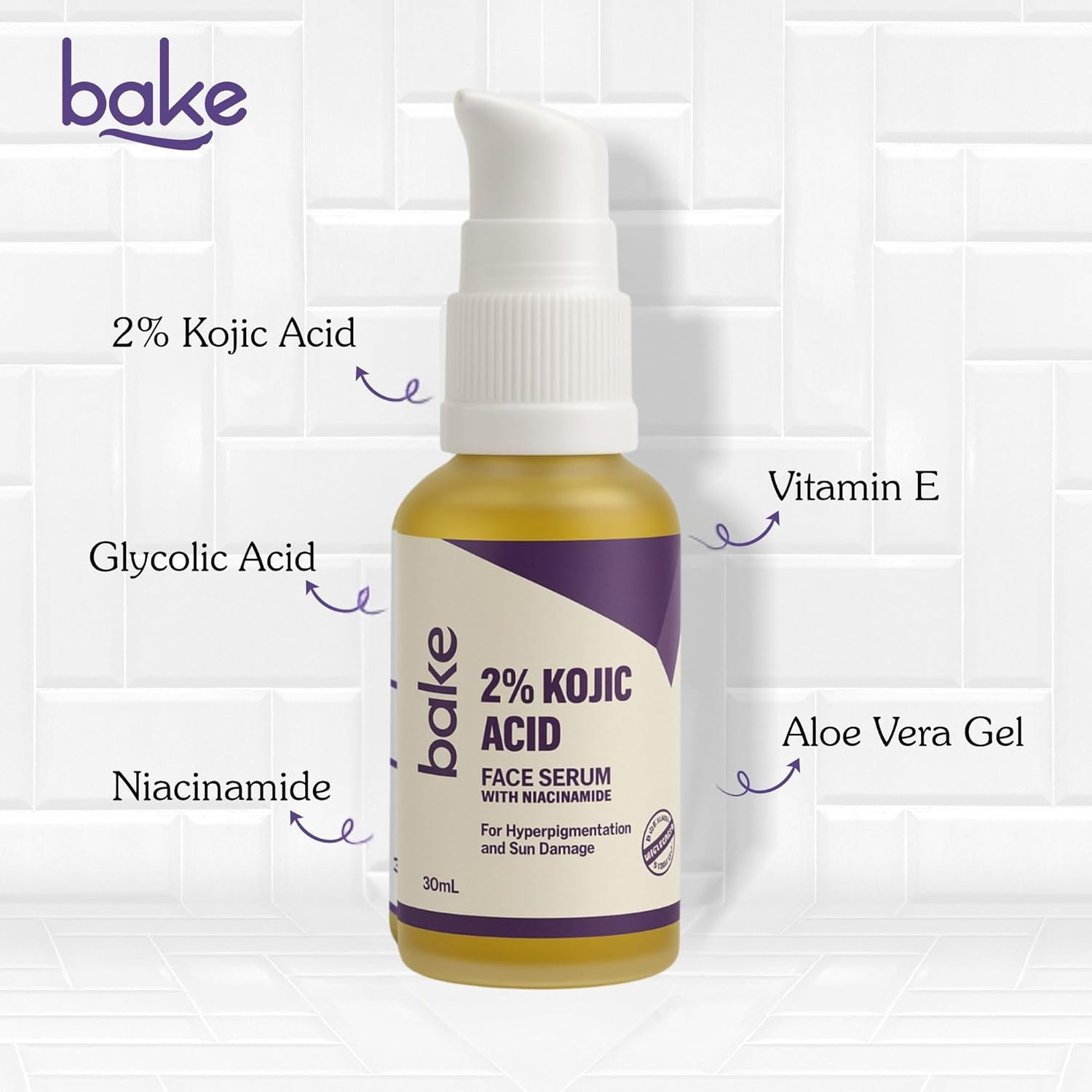 BAKE 2% Kojic Acid Face Serum with 5% Niacinamide & 2% Glycolic Acid for Pigmentation & Dark Spots for Dark Circles, Tan Removal & Sun Damaged Skin Skin Brightening Yellow 30 Ml (Pack of 1) image number 1