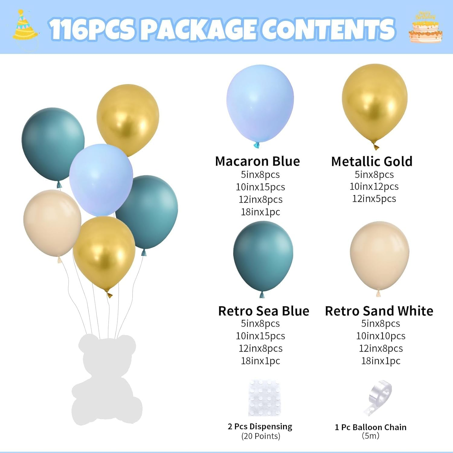 116Pcs Vintage Blue Balloons Garland Kit,Blue Gold Balloons Arch Kit for for Wedding Birthday Graduation Anniversary DIY Party Decorations. image number 6