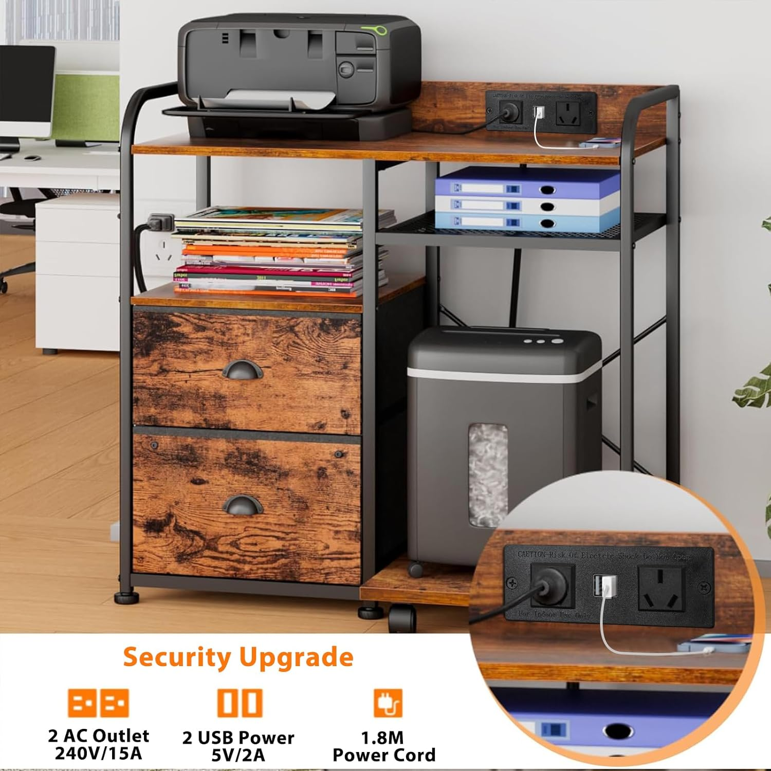 Kisfam Printer Stand with Filing Cabinet, USB Charging Station, 4 Open Shelves, Adjustable Height & Mobile Casters for Office/Home Use image number 1