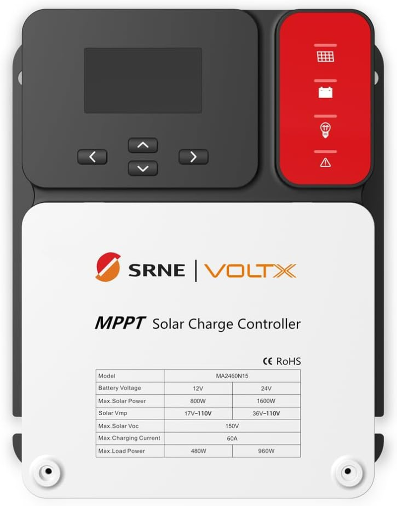 SRNE VOLTX 60A MPPT Solar Charge Controller 12V/24V Adjustable LCD Display Solar Panel Regulator for Gel Sealed Flood and Lithium Batteries image number 3