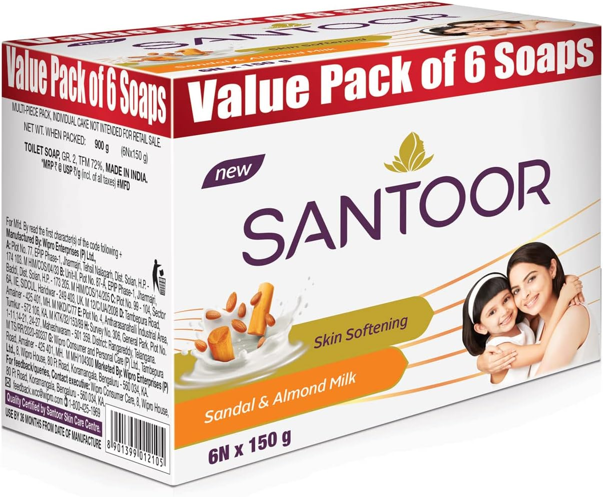 Santoor Sandalwood and Almond Milk Organic Soft Bath Soap for Softer, Smoother and Moisturised Skin, Combo Offer 150 G Pack of 6 image number 3