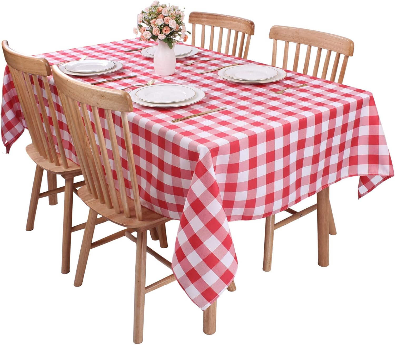Kesfey Red Gingham Tablecloth Polyester 140X200Cm, Rectangle Checkered Tablecloth Spillproof and Wrinkle Resistant for Outdoor and Indoor Use, Plaid Table Cloth Wipe Clean image number 4