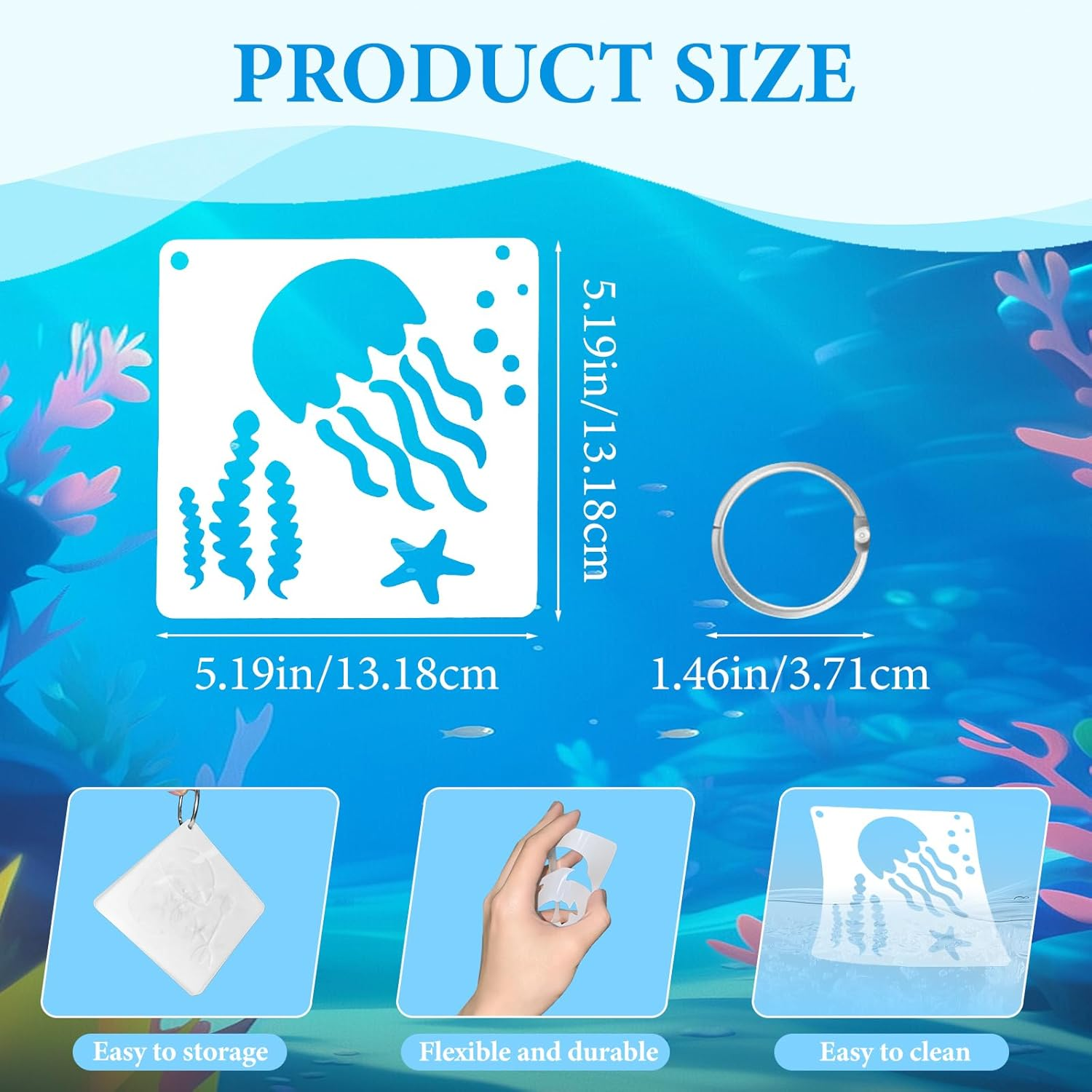 Dayker 36PCS Ocean Creatures Stencils, Reusable Plastic Sea Animal Pattern Drawing Templates, Marine Life DIY Craft with 1PC Metal Ring, for Painting on Furniture, Fabric, Wall, Home Decor image number 1