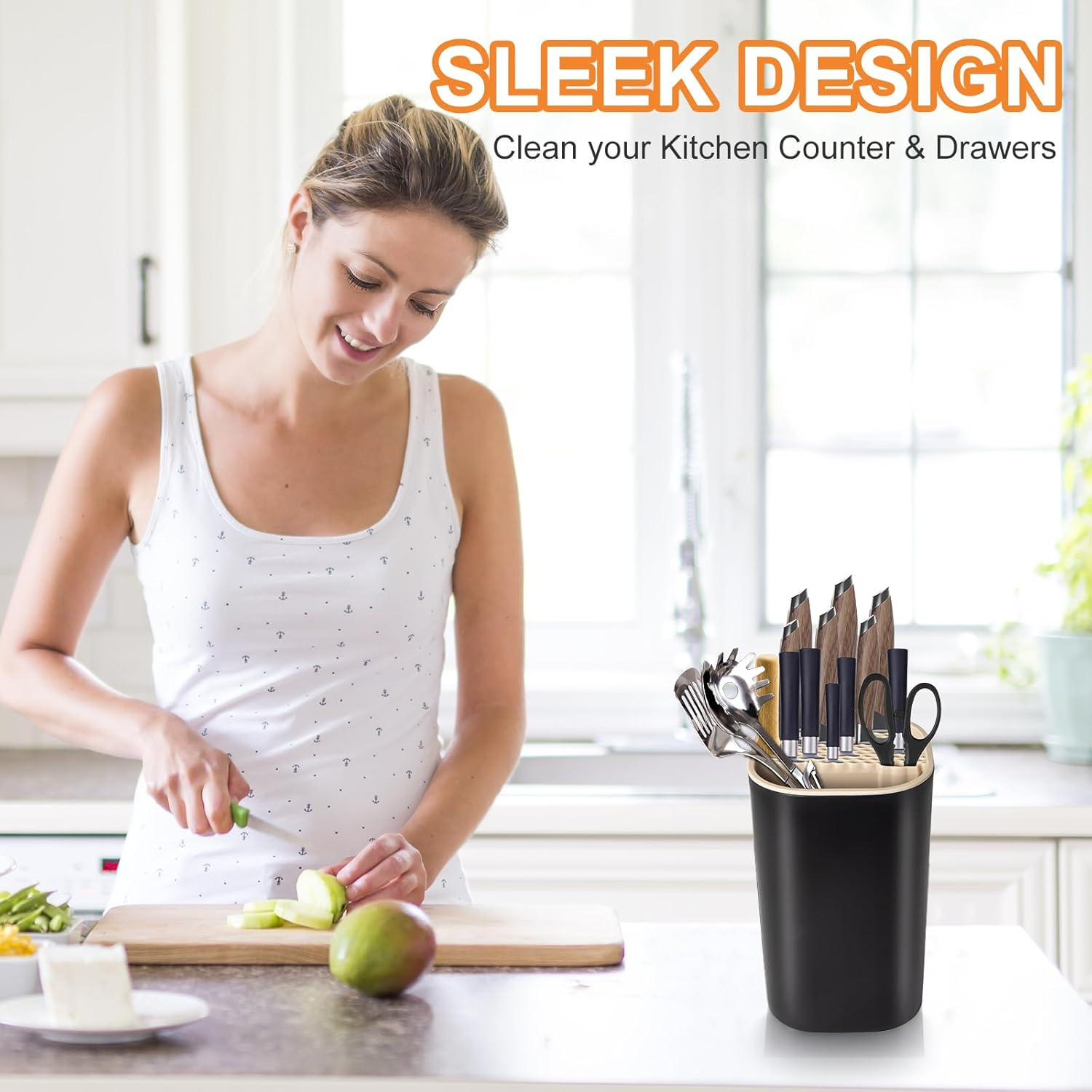 Ninonly 4-In-1 Knife Block without Knives, Universal Knife Block without Knives, Black with Storage Space for Scissors, Sharpening Bar, Knife Holder, Kitchen Utensil Holder, Knife Block Holder for All image number 5