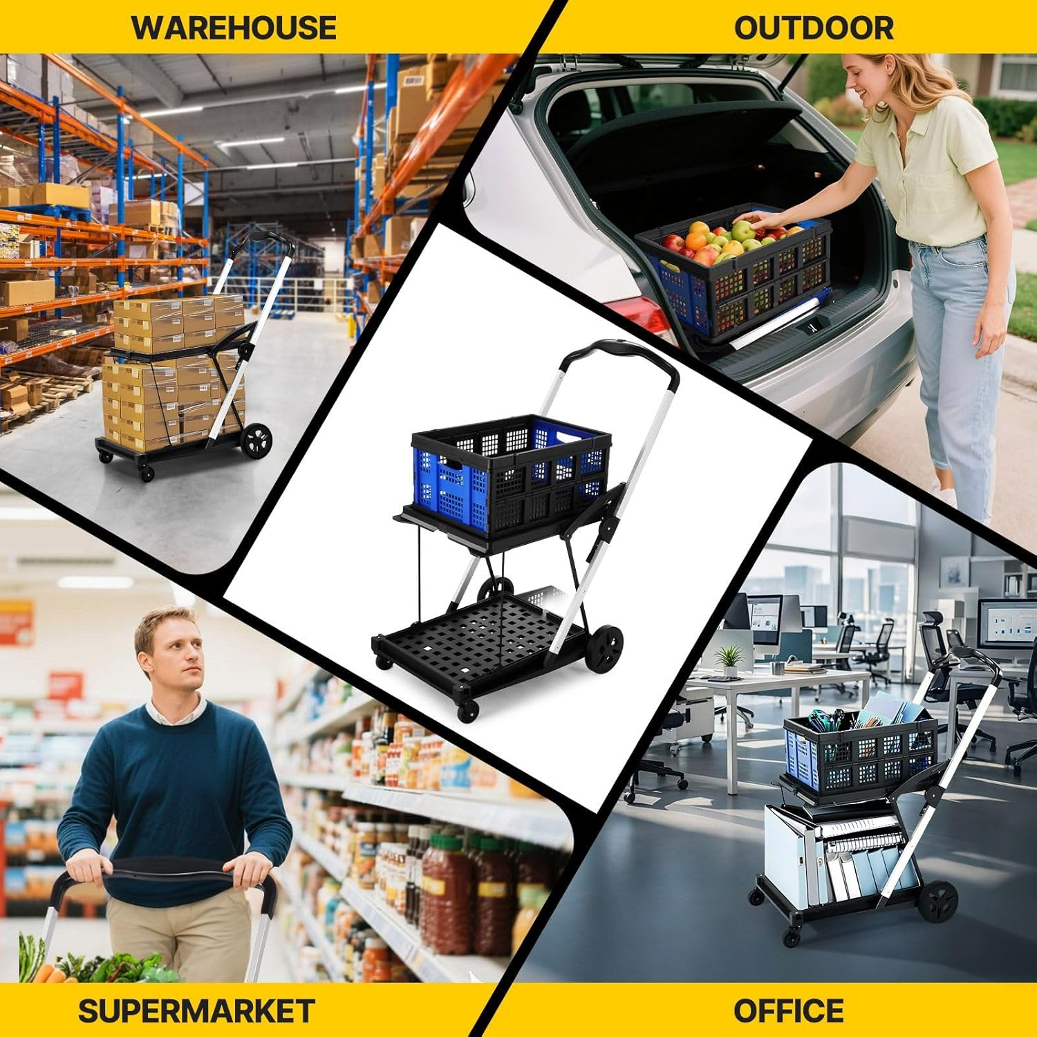 Folding Shopping Cart Trolley with Storage Crates Two Tier Collapsible Cart with Rolling Swivel Wheels for Shopping Picnic and Office image number 3