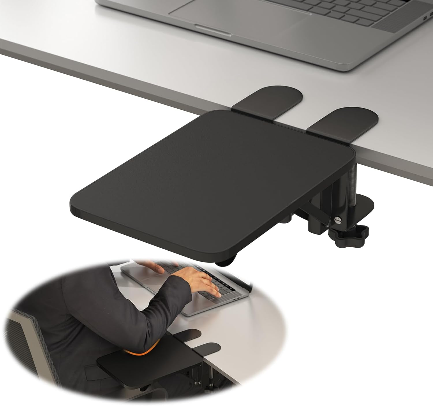 WYJREES Computer Arm Rest for Desk,Ergonomics Desk Extender Tray,9.84"X7.88" Clamp on Arm Wrist Rest Shelf,90&deg; Foldable Elbow Arm Support,Suitable for Office Desks-Black