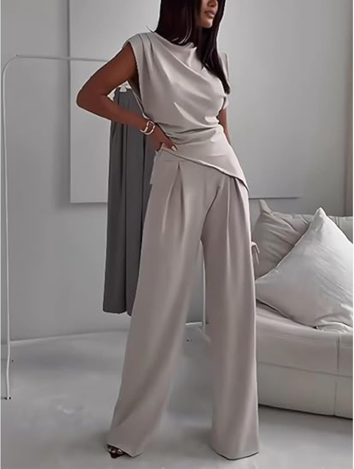 Zestora Two Piece Outfit, Women'S 2 Piece Outfit Set - Tank Top Wide Leg Pants, Stylish Casual Formal Outfits image number 2