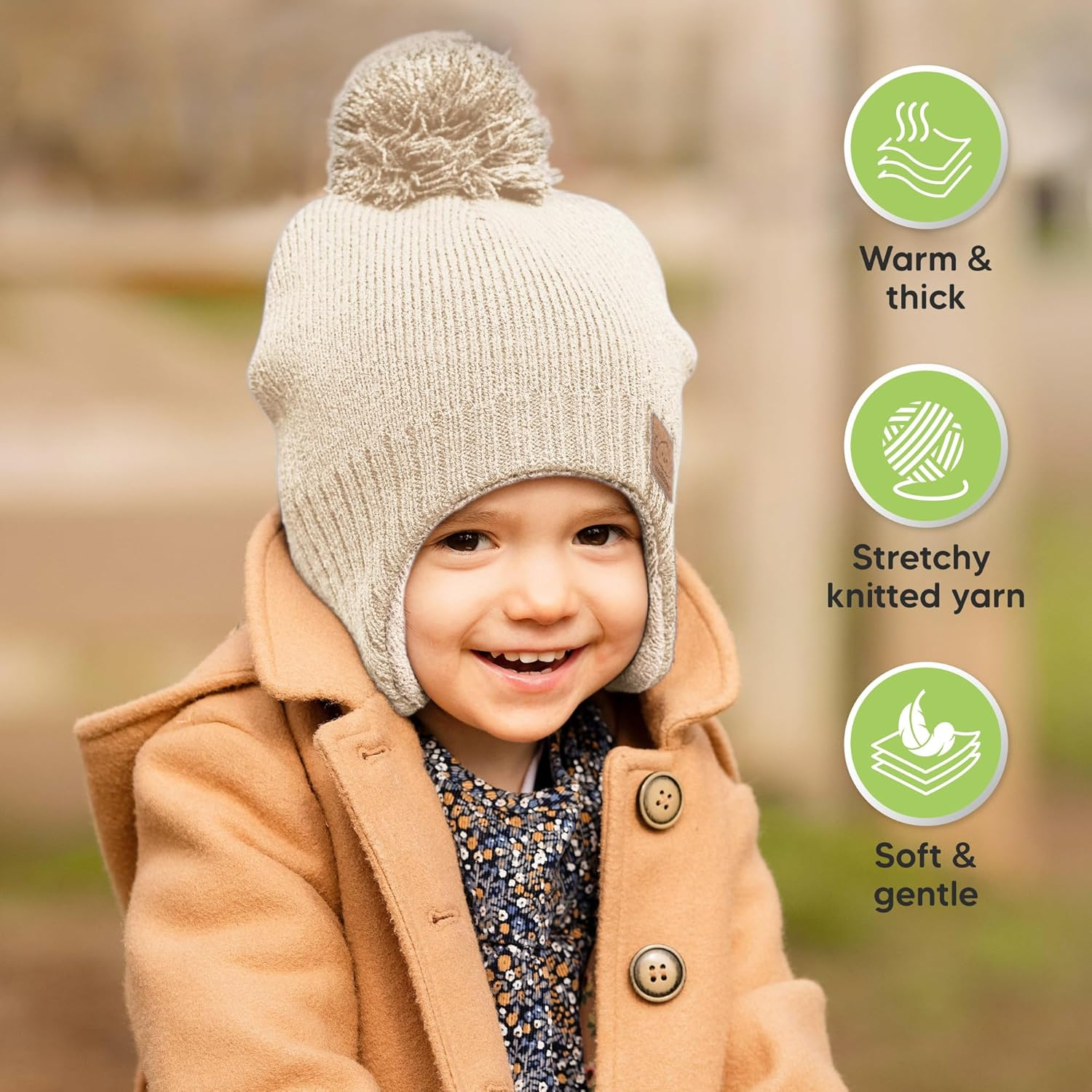 Baby Beanies, Baby Hats for Boys, Girls - Cute Toddler Winter Hat, Soft & Stretchy Beanies for Infant, Newborn 6-36 Months, Cozy & Warm with Earflap Muff & Pom (Cream) image number 4