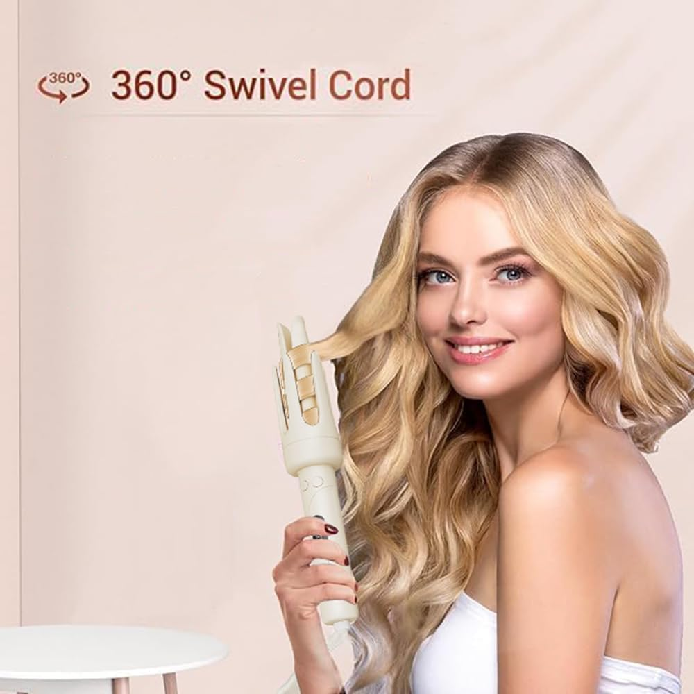 Frafuo Automatic Curling Iron-32Mm Automatic Rotating Hair Curler with LCD Display-4 Temperature Adjustable Temperature Ceramic Crimper Auto Hair Curling Wand for Medium/Long, Beige
