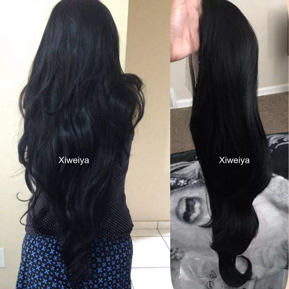 Xiweiya Long Natural Wavy Synthetic Lace Front Wigs for Black Women Black Hair Wig Heat Resistant Fiber Half Hand Tied 24Inch - Black image number 1