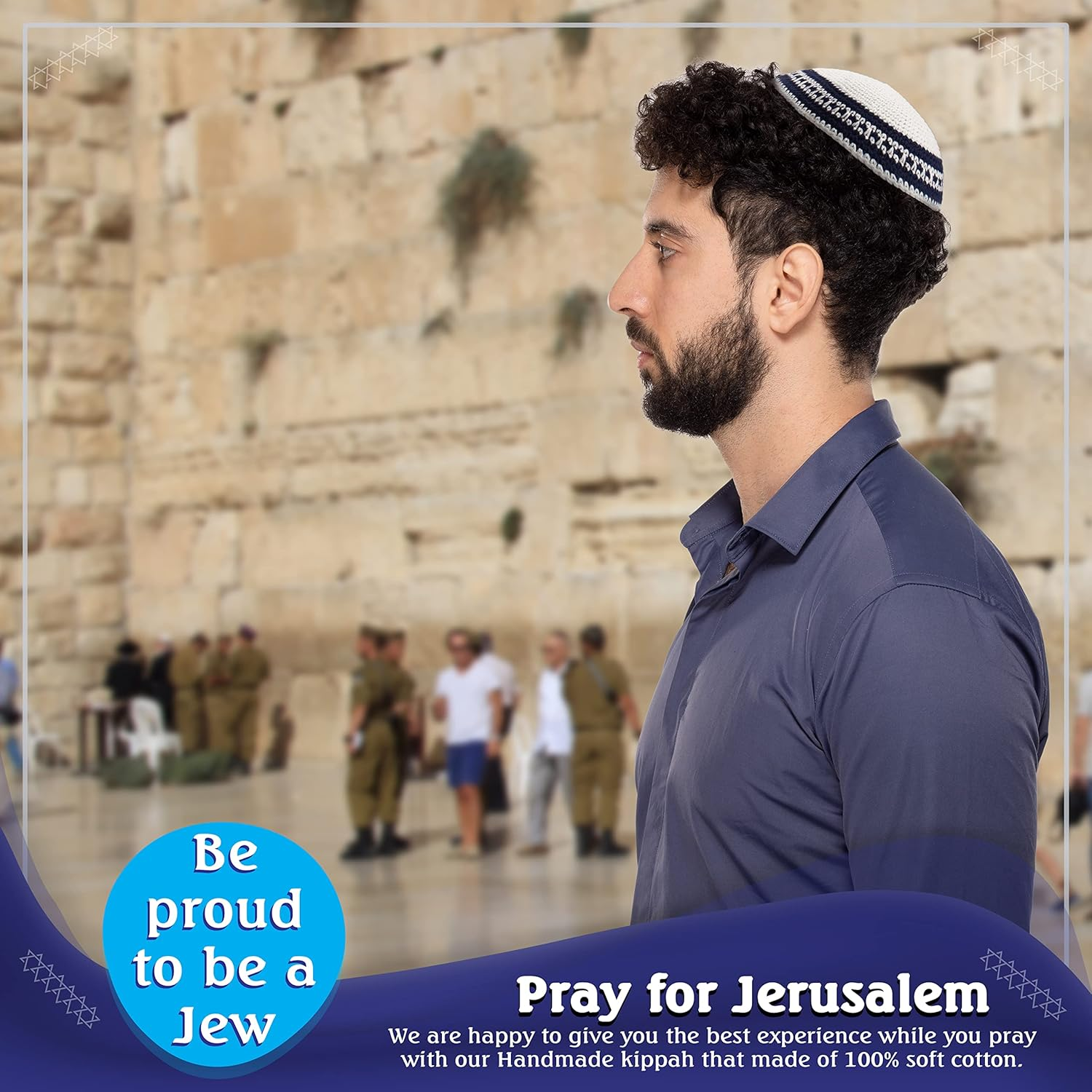 Holyudaica Pack of 5-Pcs Hq 20Cm Satin/Velvet Kippah with Silver/Gold String+Star of David for Men & Boys, Israel Kippot Bulk image number 5