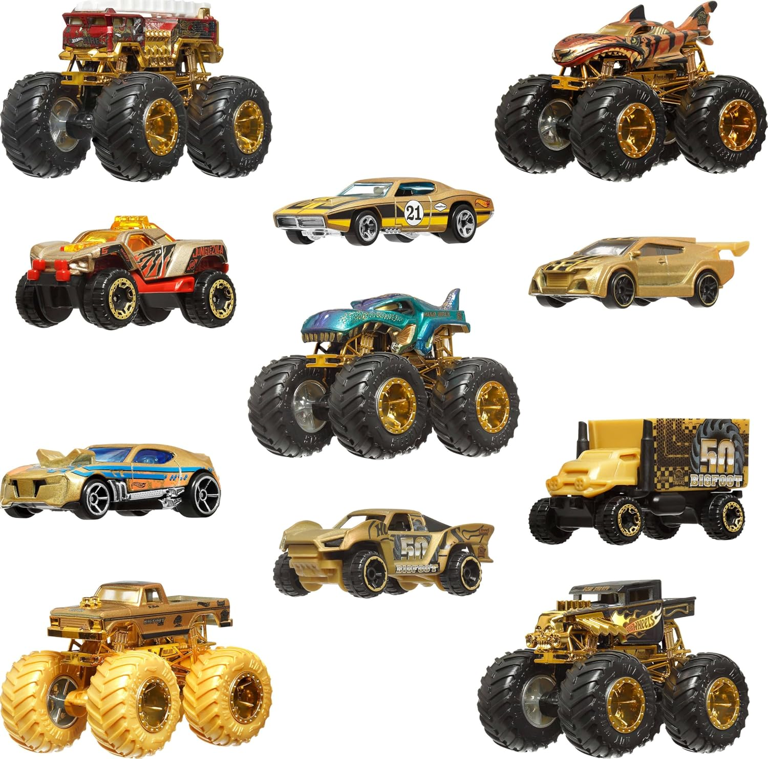 Hot Wheels Toy Cars & Trucks, Monster Trucks Trophy Champions Collection with Die-Cast Bigfoot, 5-Alarm, Bone Shaker, Mega-Wrex & Tiger Shark & 6 Cars image number 3