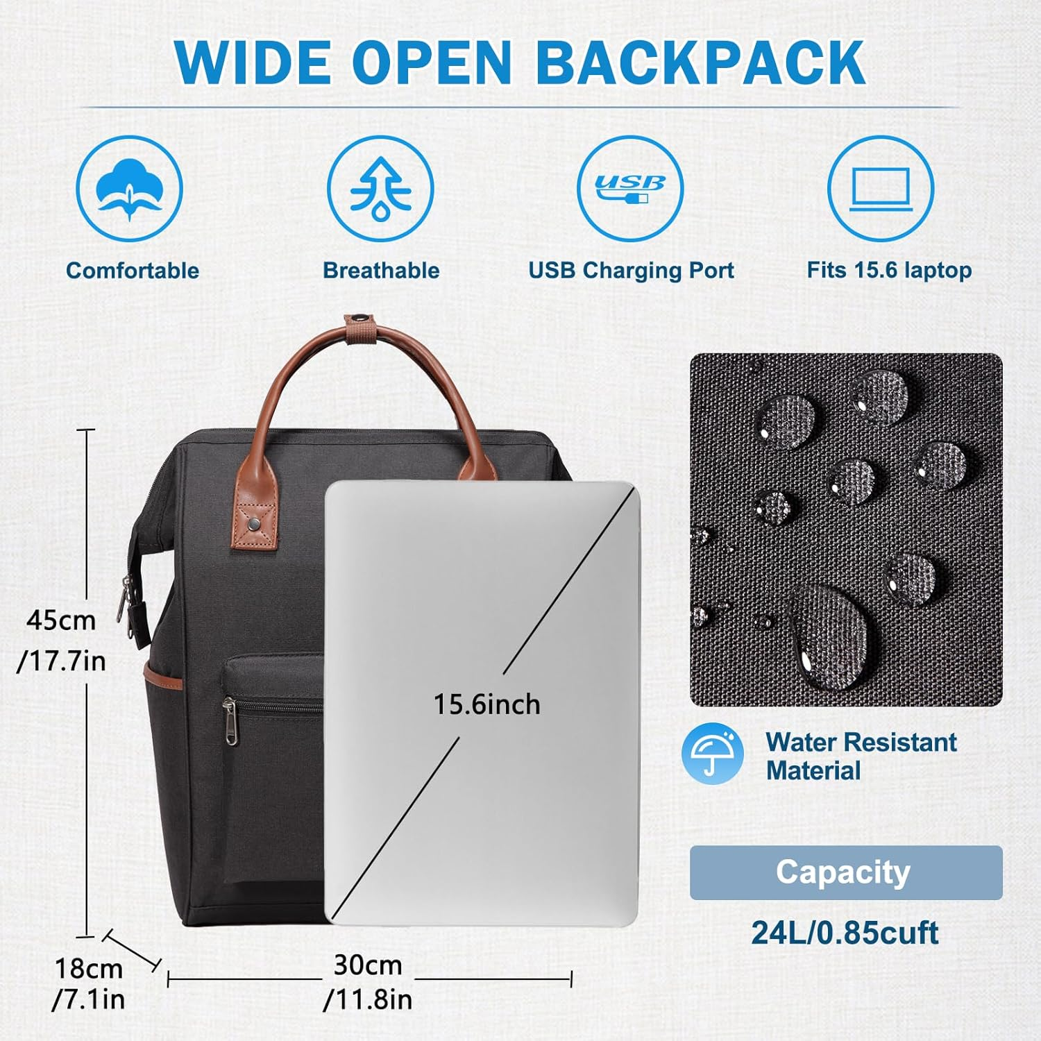 Laptop Backpack for Men Women, KASQO Water-Resistant Travel School Backpack Fit 15.6 Inch Laptop 24L Anti-Theft Rucksuck Daypack with USB Charging Port for Business College Teenagers image number 6