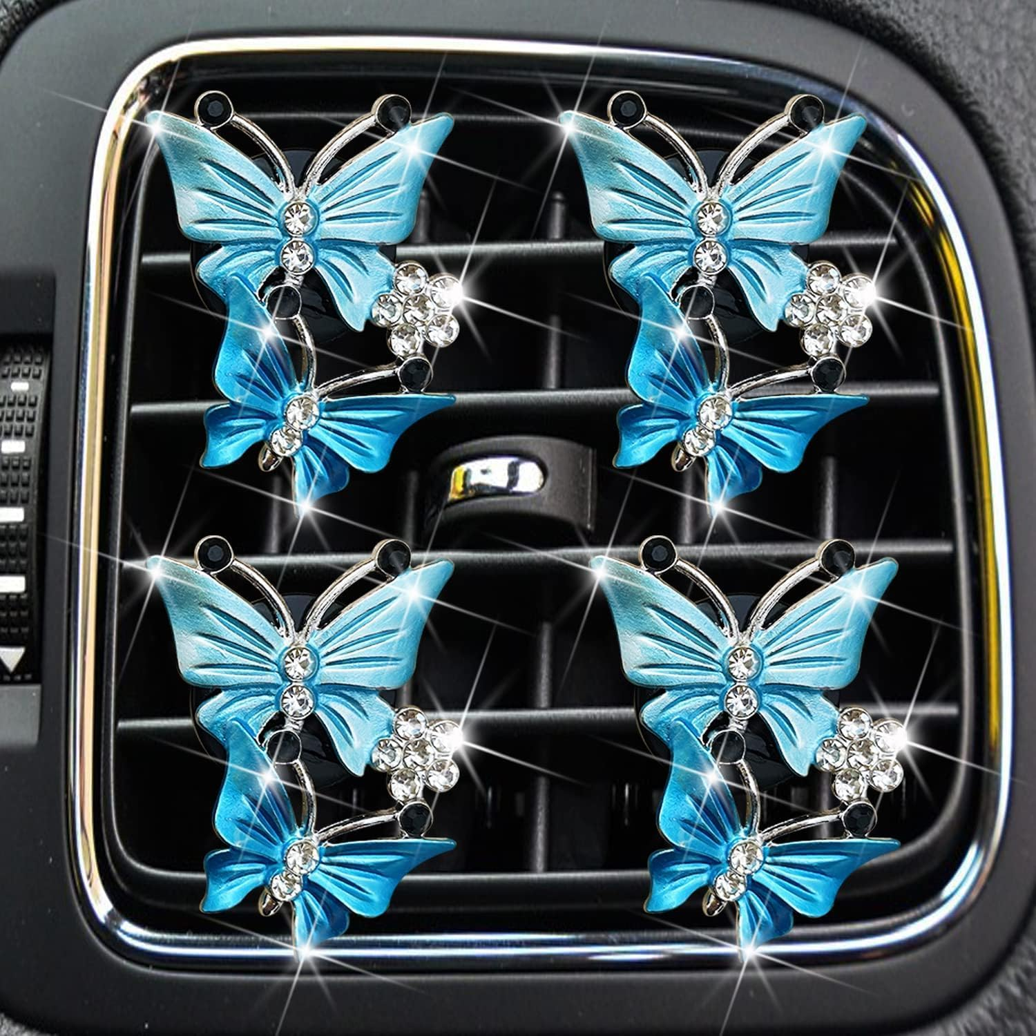 4Pcs Blue Car Air Fresheners, Dual Butterfly Diamond Rhinestone Vent Clips, Sparkly Car Decoration, Interior Decor Bling Accessories image number 5