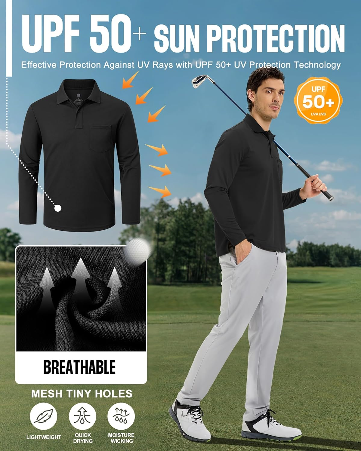 33,000Ft Men'S Long Sleeve Polo Shirt UPF50+ Breathable Golf Polo Moisture Wicking Quick Dry T Shirt Stretch Sports Athletic Tennis Performance Polo Lightweight Casual Work Top Black L image number 3