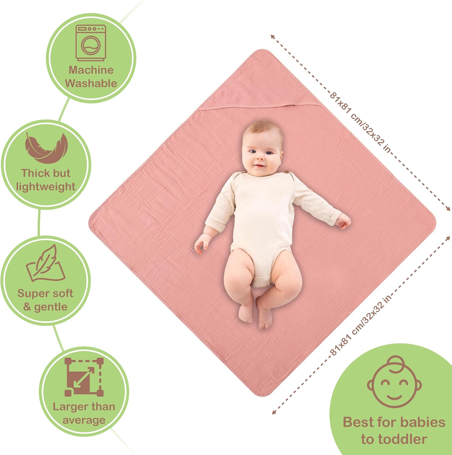 Infancie Organic Cotton Muslin Baby Hooded Towels - 81 X 81 Cm, 2 Pack Newborn Bath Towels for Boys & Girls, Soft & Absorbent Bath Set (Rose/Peach) - Deep Blue/Aquarius image number 7