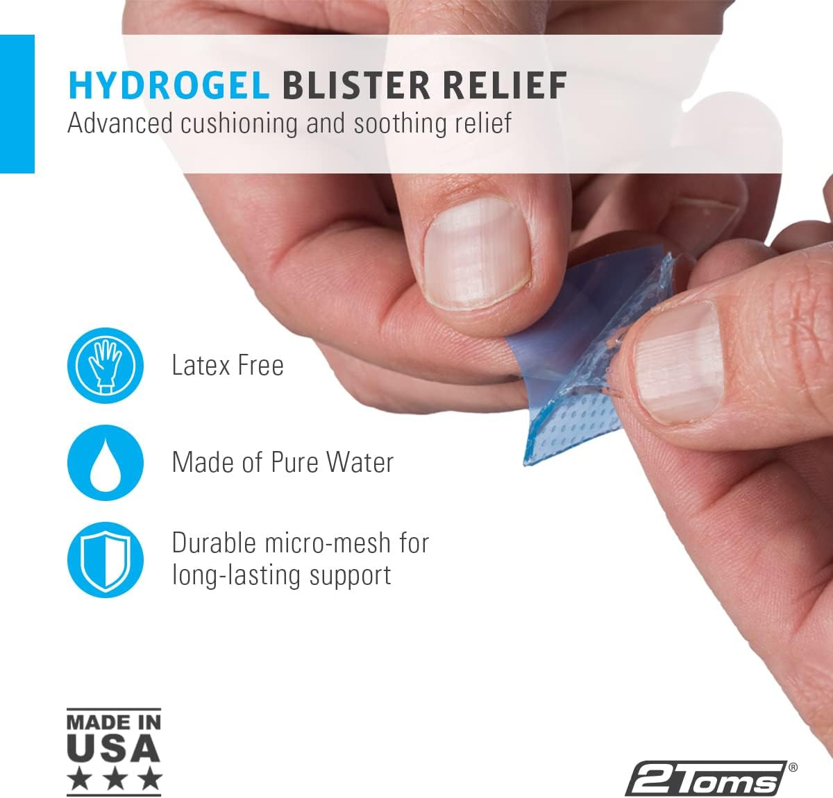 2Toms Skin-On-Skin Soothing Hydrogel Square Pads for Blister Protection and Skin Pain Relief, 200 Squares (1") image number 4