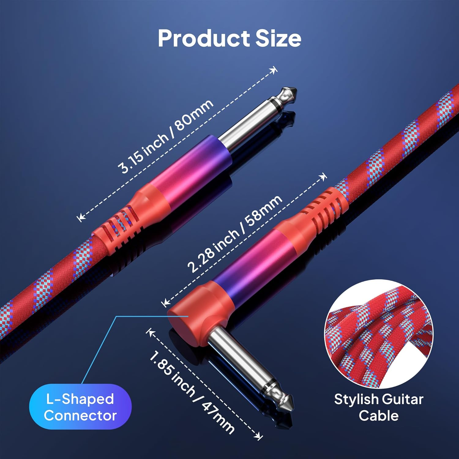 Elebase 1/4 Inch Guitar Lead 3M,Right Angled 6.35Mm Male to Male Guitar Cable,Ts Mono Quarter Instrument Amp Cord 90 Degree Audio Line for Electric Bass,Keyboard,Amplifiers,Speakers,Pedal,Colored,10Ft image number 3