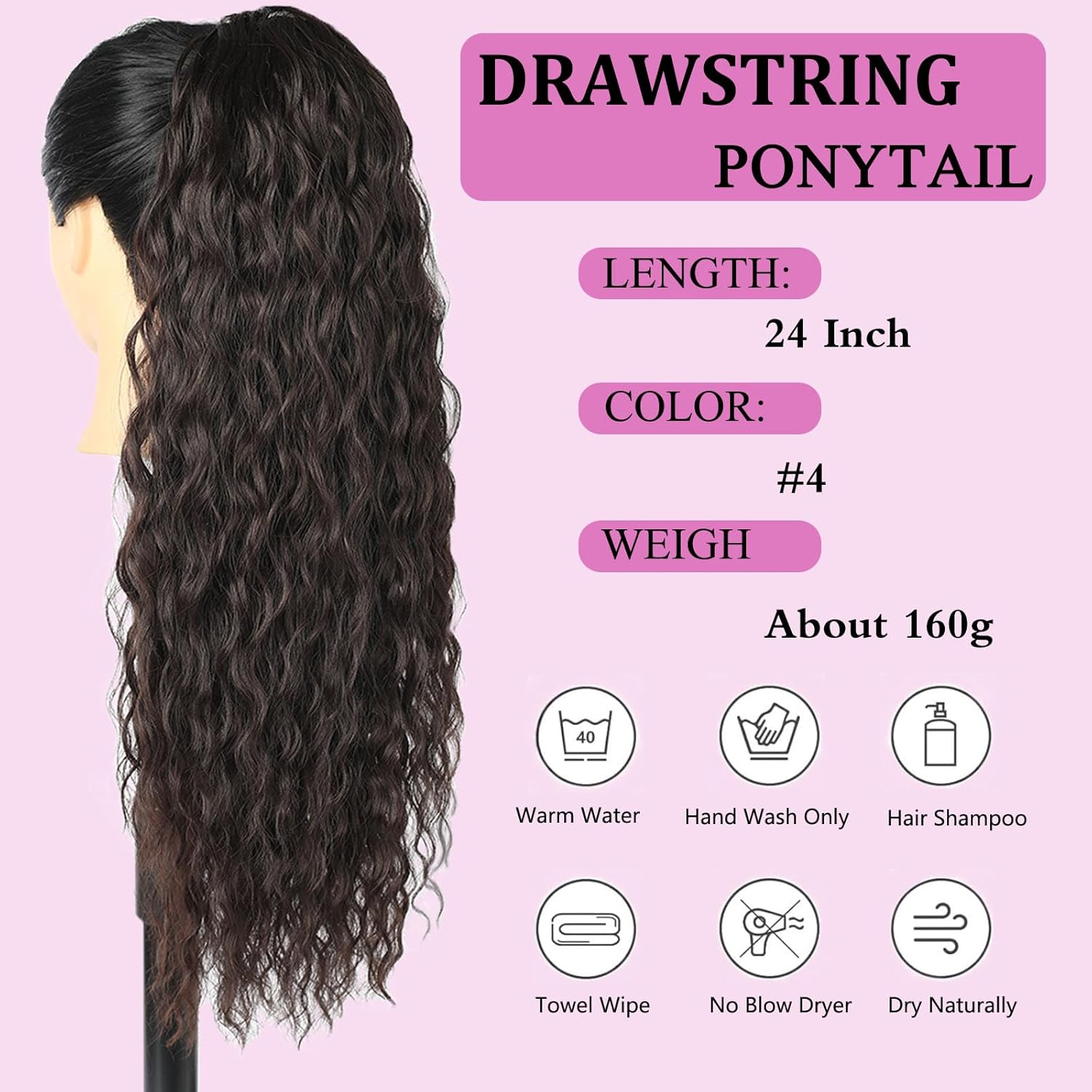 Samtress 24 Inch Drawstring Ponytail Hair Extensions for Women Dark Brown Long Curly Wavy Ponytail Synthetic Hairpiece for Daily Use (#Dark Brown)