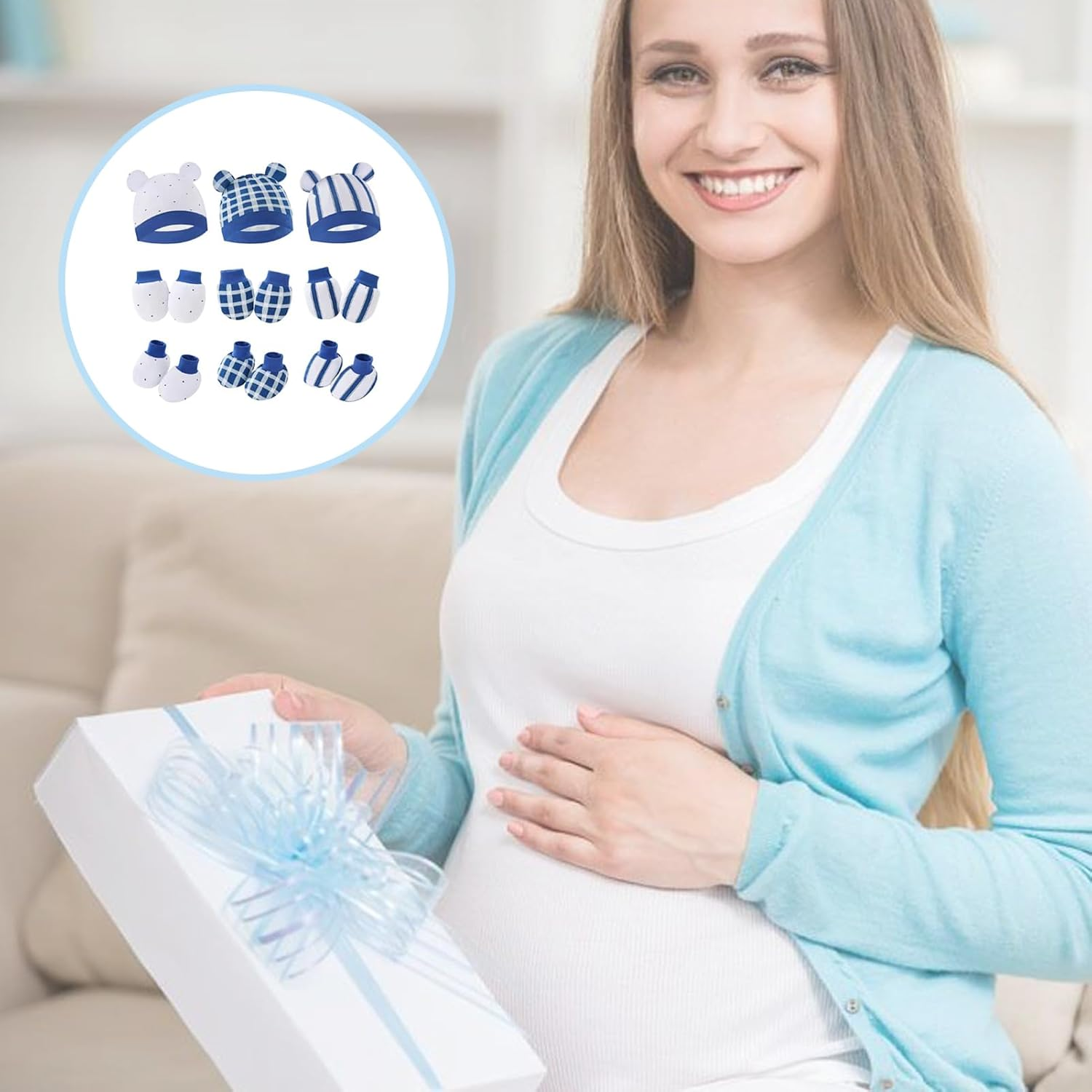 Cotton Baby Mittens Hats Socks - anti Scratch Baby Girl Boys Mittens 15 Pack Hands Gloves Infant Caps Socks for 0-6 Months - Blue image number 4