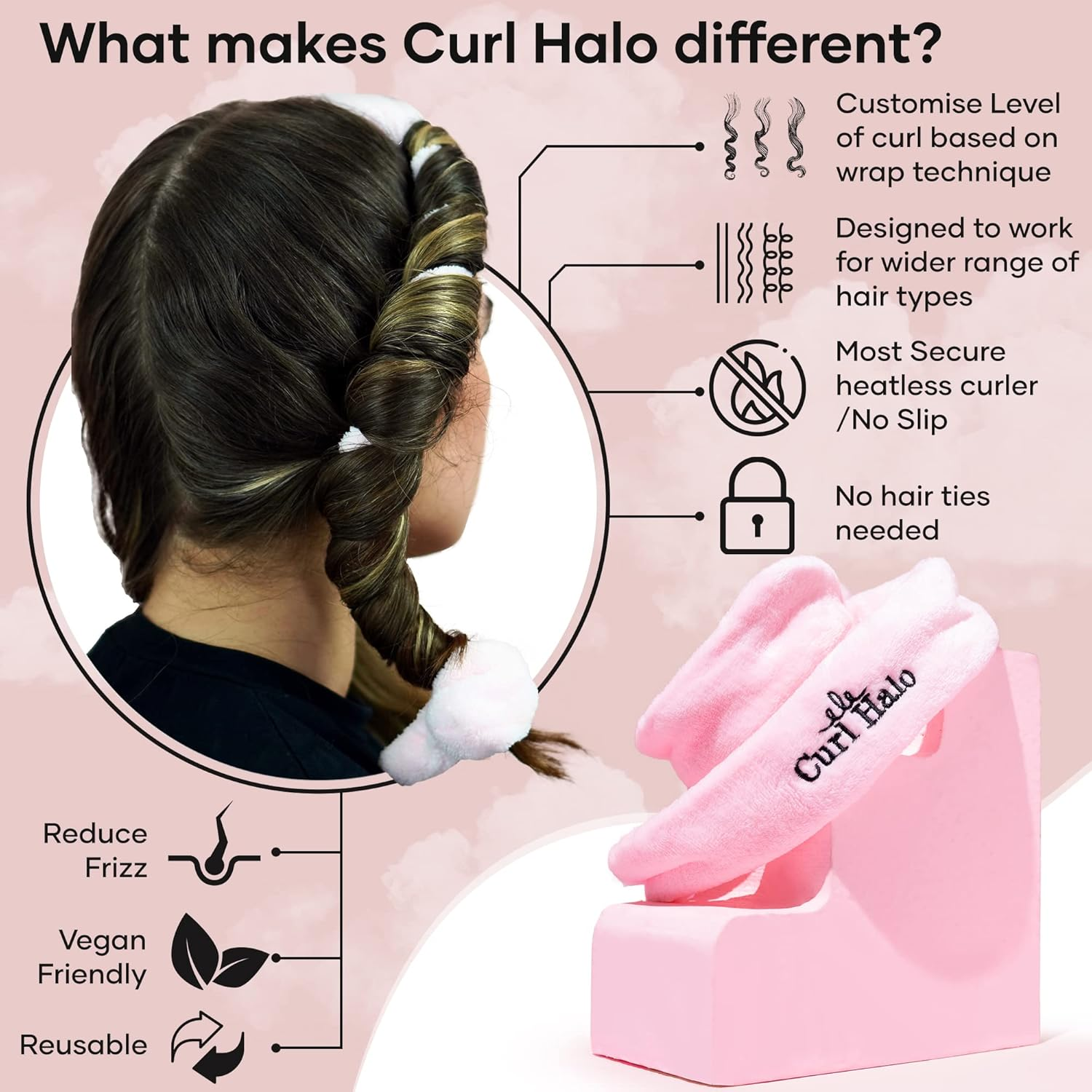 Curl Halo Heatless Curls | the Ultimate Heatless Curler for All Hair Types | Microfiber Heatless Curler | Wired Overnight Curler for Secure Hold (Black) - Black image number 3