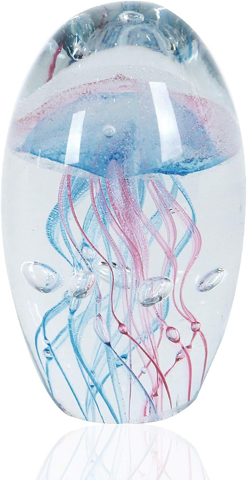 EUSTUMA Hand Blown Glass Jellyfish Figurine Ornament,Sea Animal Ornament for Fish Tank Aquarium,Sea Animals Collection for Birthday Gift,Glass Paperweight