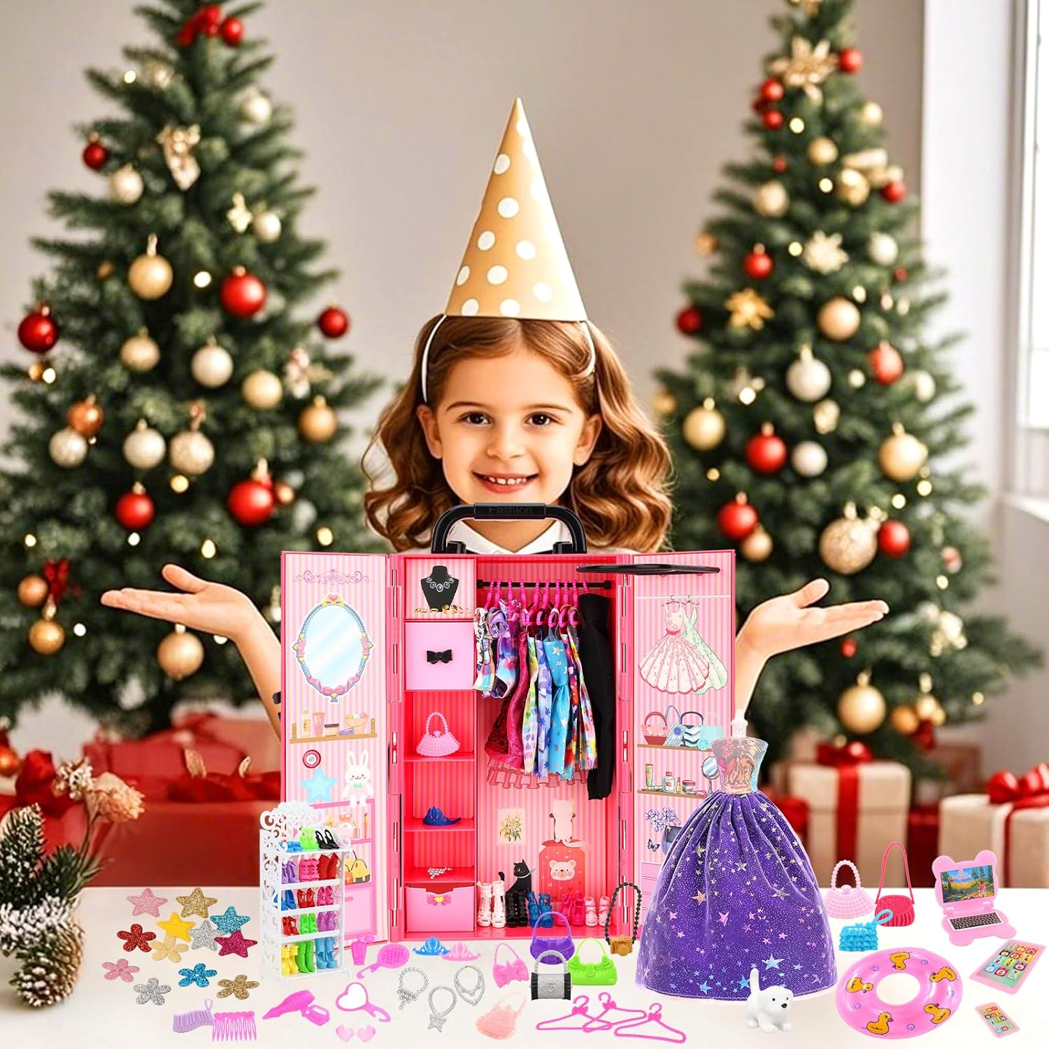 Barwa 127 Accessories for 11.5 Inch 28 - 30 CM Girl Doll: 1 Fashion Closet Wardrobe + 1 Shoe Rack + 14 Dresses Clothes + 10 Pcs Shoes + 101 Accessories image number 3