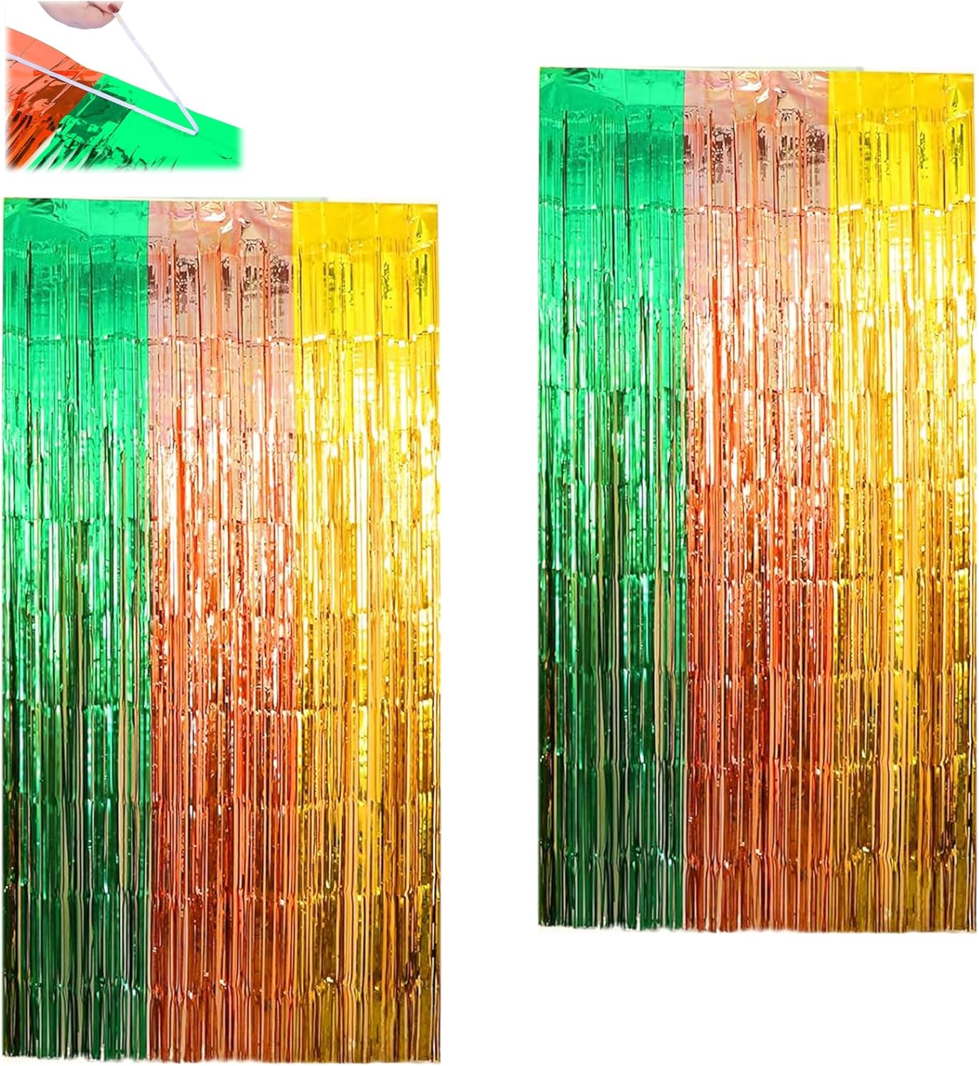 Hawaiian Luau Party Foil Fringe Curtains,2 Packs of 3.3X6.6 Ft Green Brown and Yellow Foil Fringe Curtains,Tinsel Photo Booth Props,Streamer Backdrop for Hawaiian Tropical Beach Party Decorations image number 5