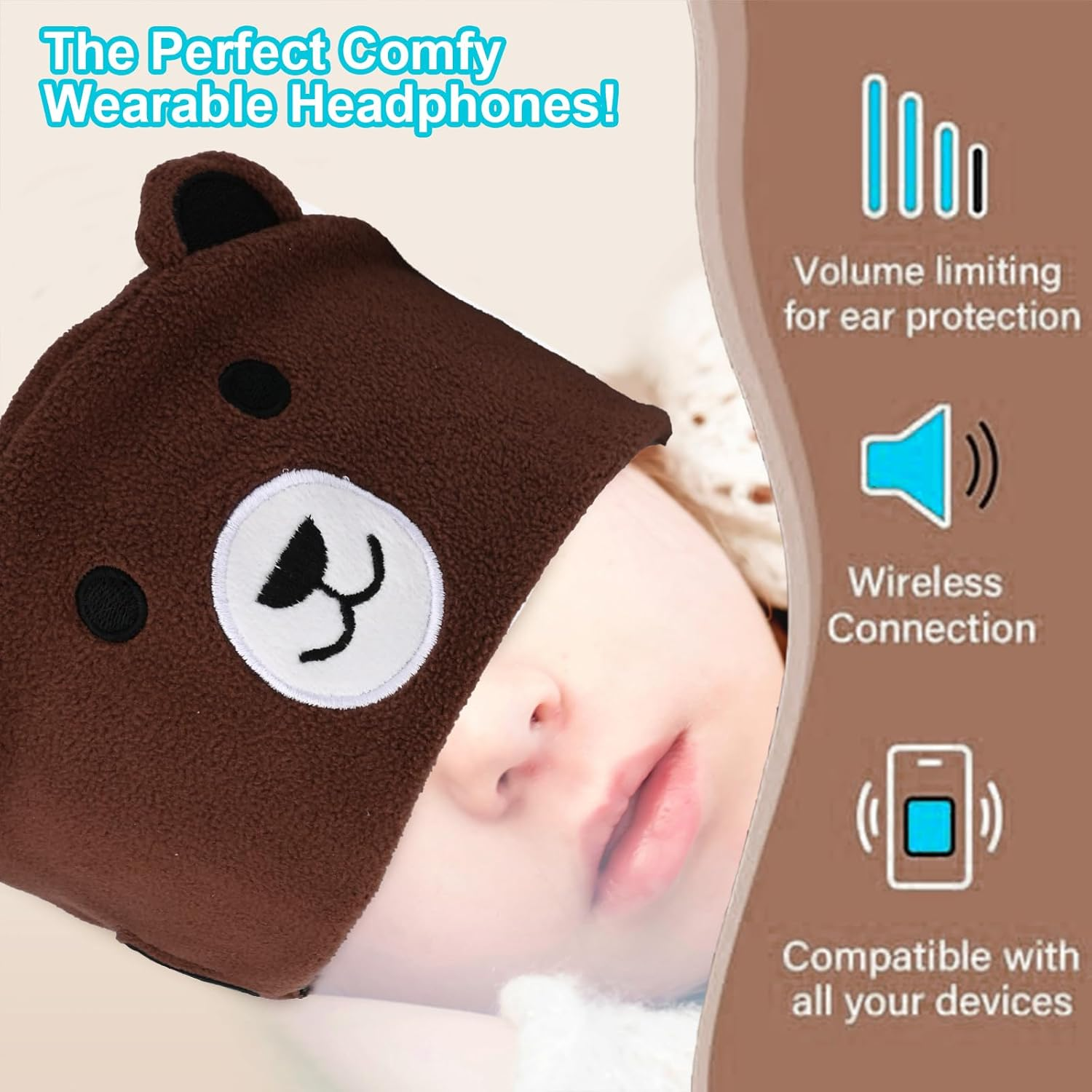 UOEPOWA Kids Headphone Headband, over the Ear Headband Headphones, Super Soft Toddler Headphones with Thin Speakers, Wireless Toddler Earphones Volume Limit to Protect Hearing (Bear) image number 3