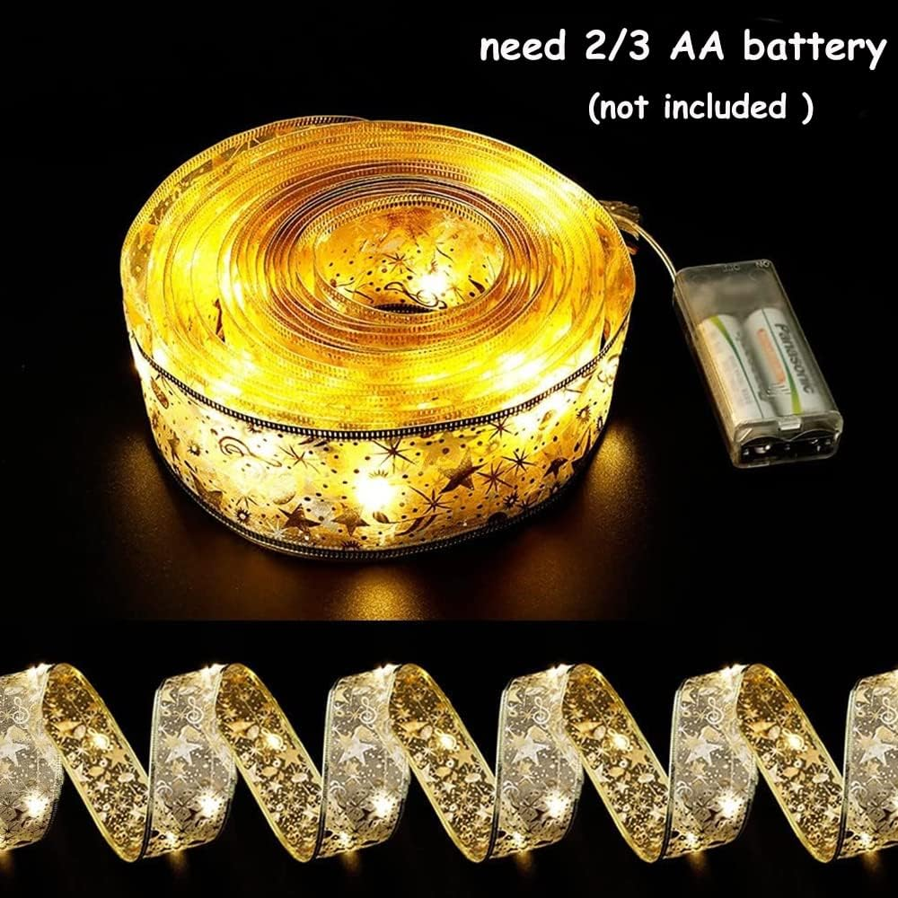 GIHOO Christmas Tree Decorations String Lights 32Ft 100 LED Lights Copper Wire Ribbon Bows Lights for Party Weddings Holiday Christmas Tree Decorations (Gold Warm Light Battery Powered) (Golden) image number 1