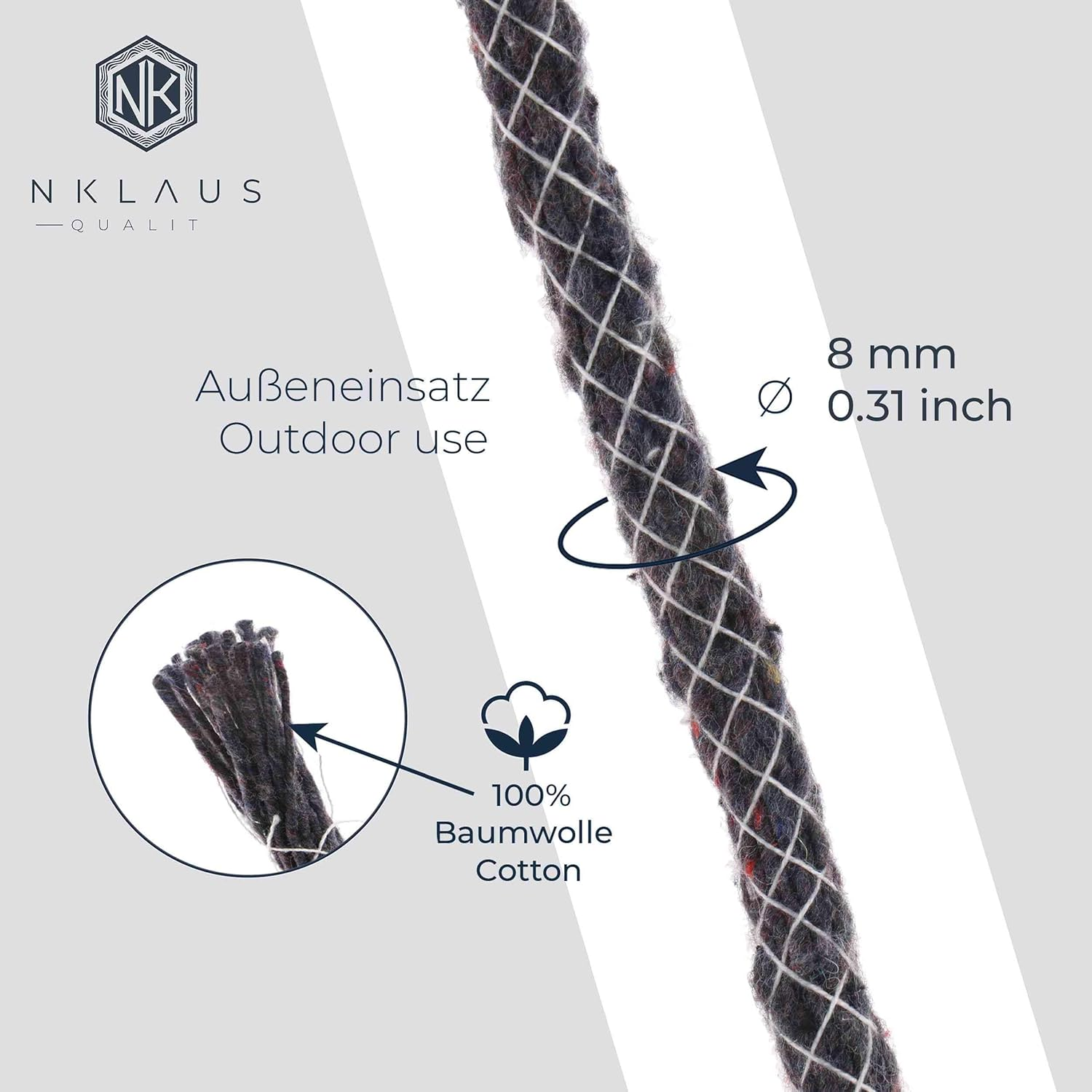 Nklaus Torch Wick 8 Mm Diameter - 1 M Outdoor Replacement Wick for Garden Torches & Melting Torches, Oil Lamps, Robust Braided, Made of Textile Mix 16523