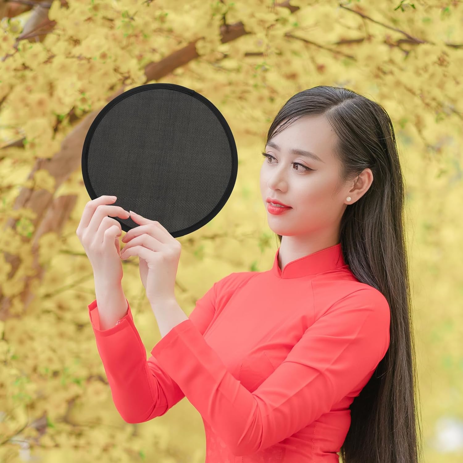 Cabilock 5Pcs Folding Fans, Portable Handheld round Fans, Black 10 Inch, Collapsible for Summer, Party, Wedding, Travel, Office, Plastic and Fabric Material - White image number 5