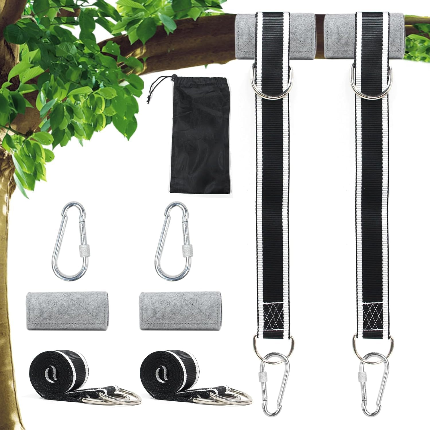 Tree Swing Hanging Strap Kit, Tree Swing Sling 2200 Lbs 5Ft Extra Long with Safer Lock Snap Hook for Hammocks, Easy Fast Installation Swing Hanging Set Perfect for Tree Swing & Hammocks (Black-White) image number 2