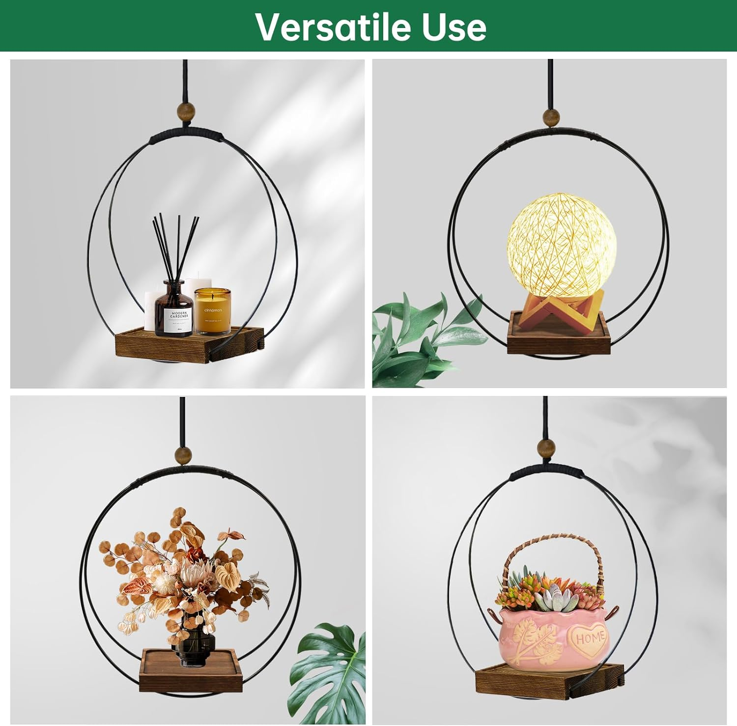 Hanging Planter for Indoor Plants, Black Plant Hanger Indoor with Sturdy Wood Base, Modern Boho Macrame Plant Hanger, Hanging Wall Ceiling Window Home Decor (Plants/Pots Not Included) image number 1