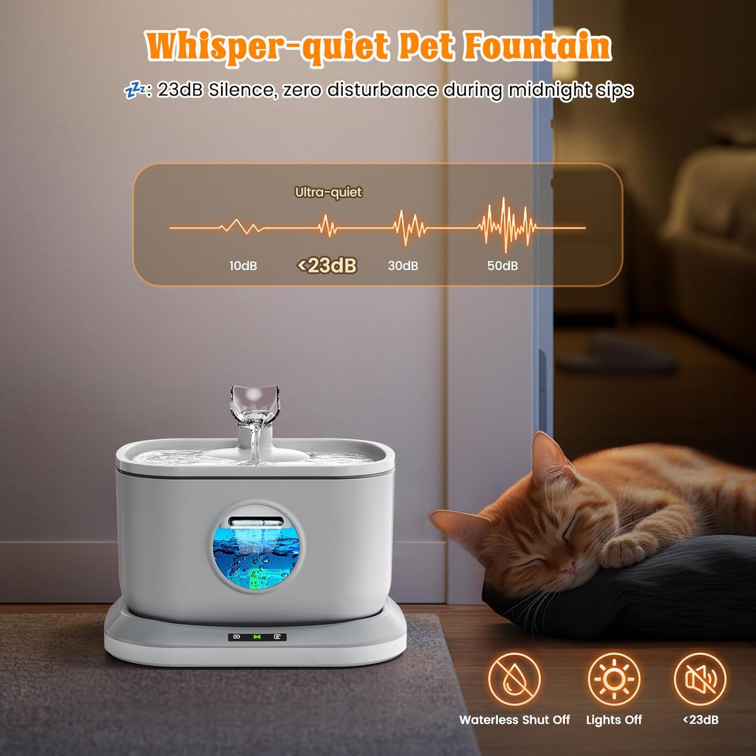 Petlipo 2.5L/84Oz Cat Water Fountain, 6.5Ft Radar Sensing Cordless Pet Fountain Battery Operated, Wireless Pump Auto Shut Off, 7-Layer Filtration Automatic Cat Fountains for Drinking, White image number 3