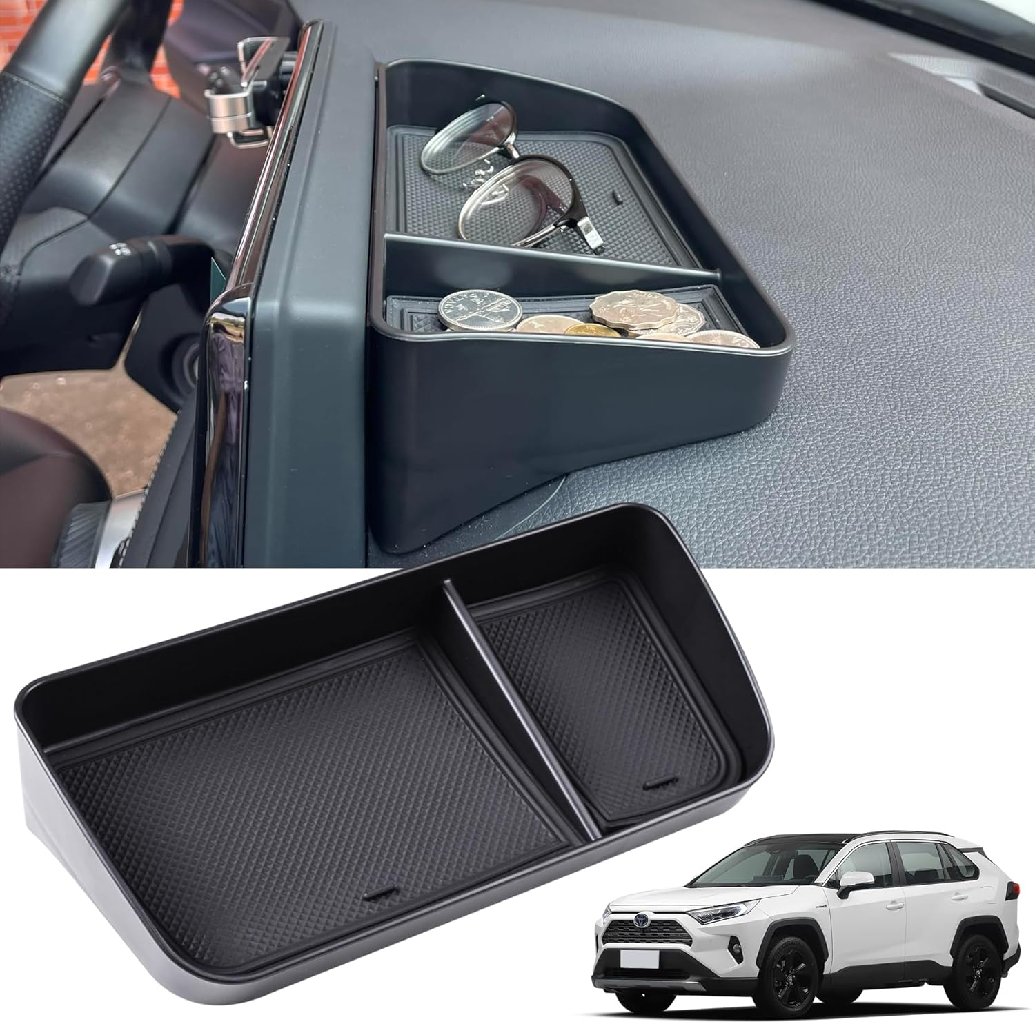 Car Dash Center Console Tray Compatible with 2019-2025 Toyota Rav4 8'' Screen, Dashboard Storage Organizer Tissue Sunglasses Holder for Phones, Keys & More, ABS Dash Storage Tray with Non-Slip Liners image number 4