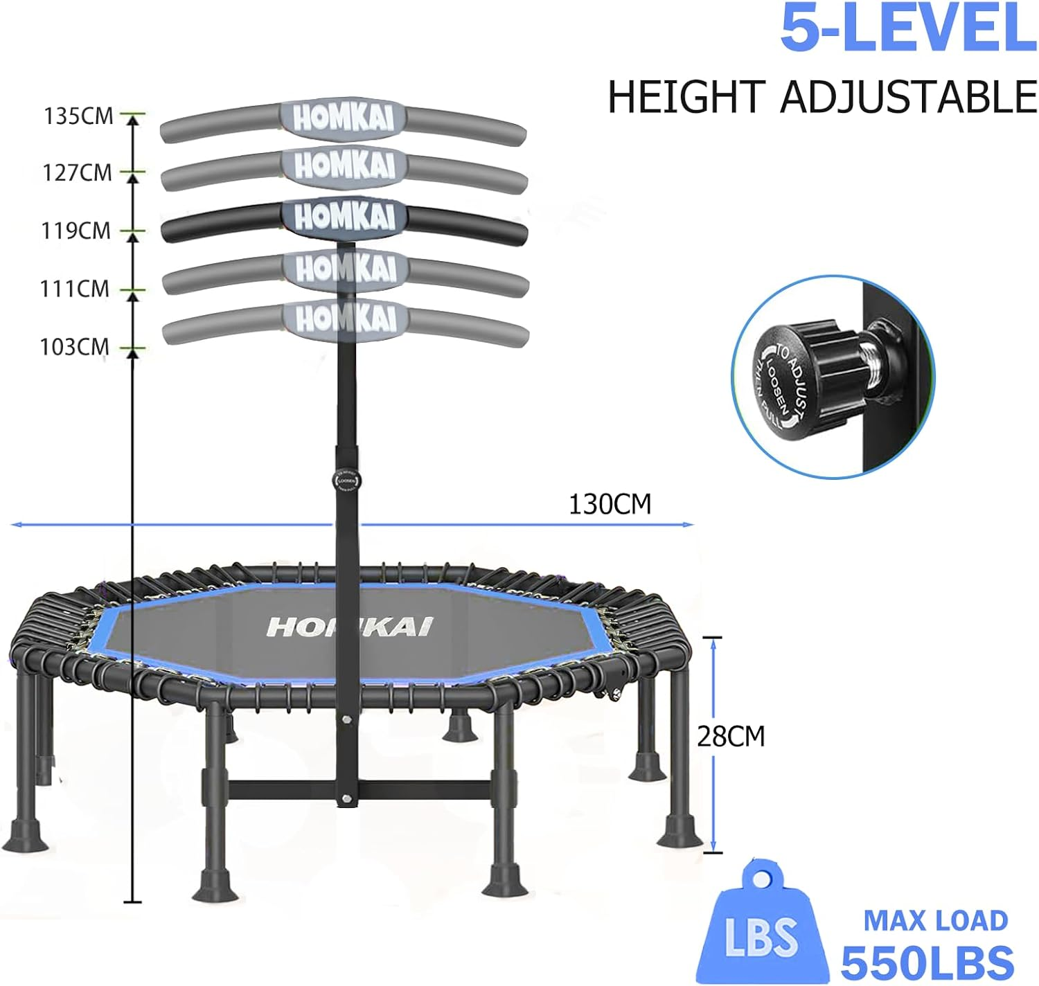 HOMKAI 51" Foldable Mini Trampoline Rebounder, Fitness Trampolines, T Shape Adjustable Foam Handle, Stable & Quiet Exercise Rebounder for Kids Adults Indoor Outdoor Workout image number 5