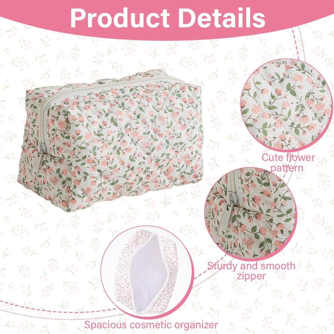 CATOR Flower Cosmetic Bag, Small, Portable Toiletry Bag, Make up Bag, Multifunctional Makeup Bag Organiser for Travel, for Women and Girls (B) image number 3