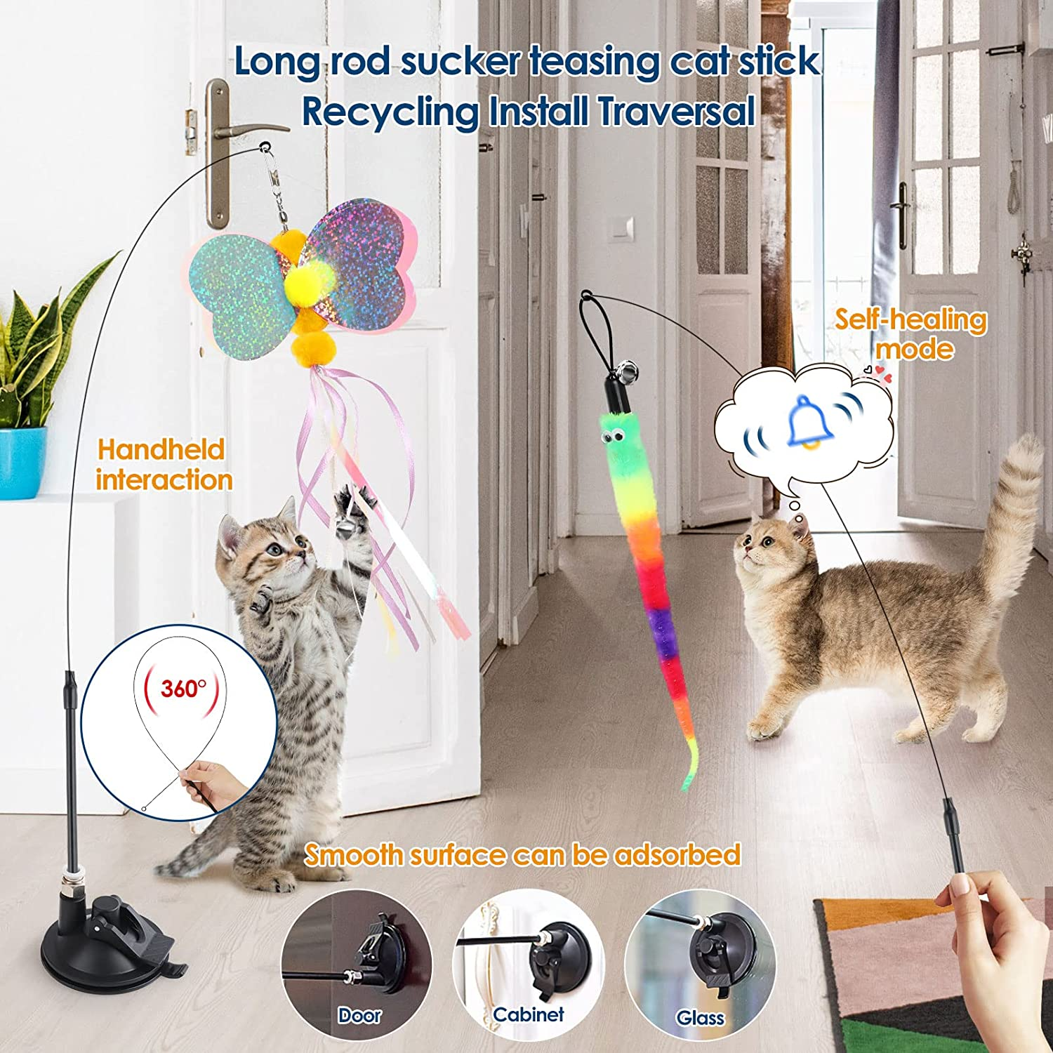 Simpeak 12PCS Cat Toys Feather Teaser Cat Toy, 2PCS Retractable Cat Wand Toys Cat Feather Sucker Toy, 10PCS Replacement Kitten Toys Interactive Catcher Teaser and Funny Exercise for Cats image number 6