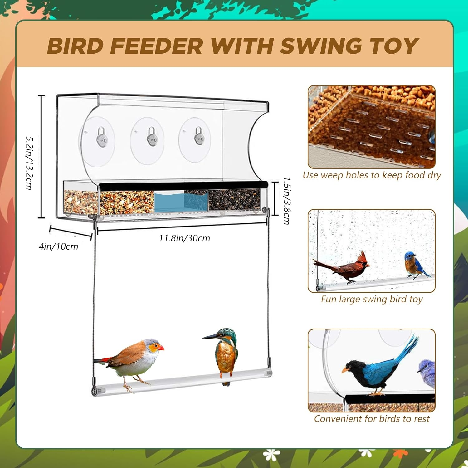 SUSOO Window Bird Feeder for Outdoors with Interactive Swing Perch Toy, Acrylic Clear Feeder with 3 Large Capacity Detachable Seed & Water Tray and Suction Cups,For Watching Wild Birds in Garden &Yard