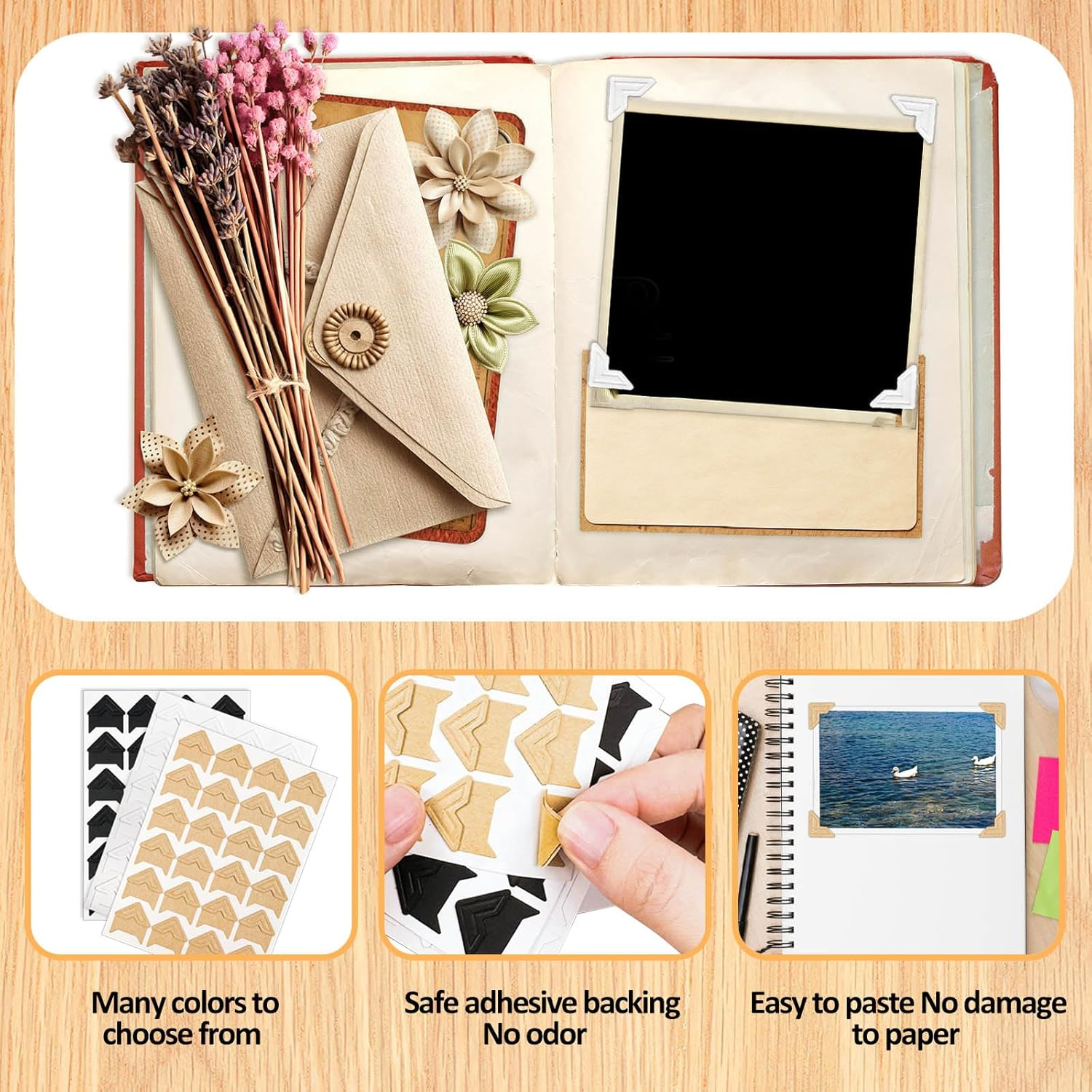 15 Sheets 360 Pcs Self-Adhesive Photo Corners Stickers for DIY Scrapbook, Photo Album, Picture Frames, Memory Books, Journal (3 Colors) image number 5