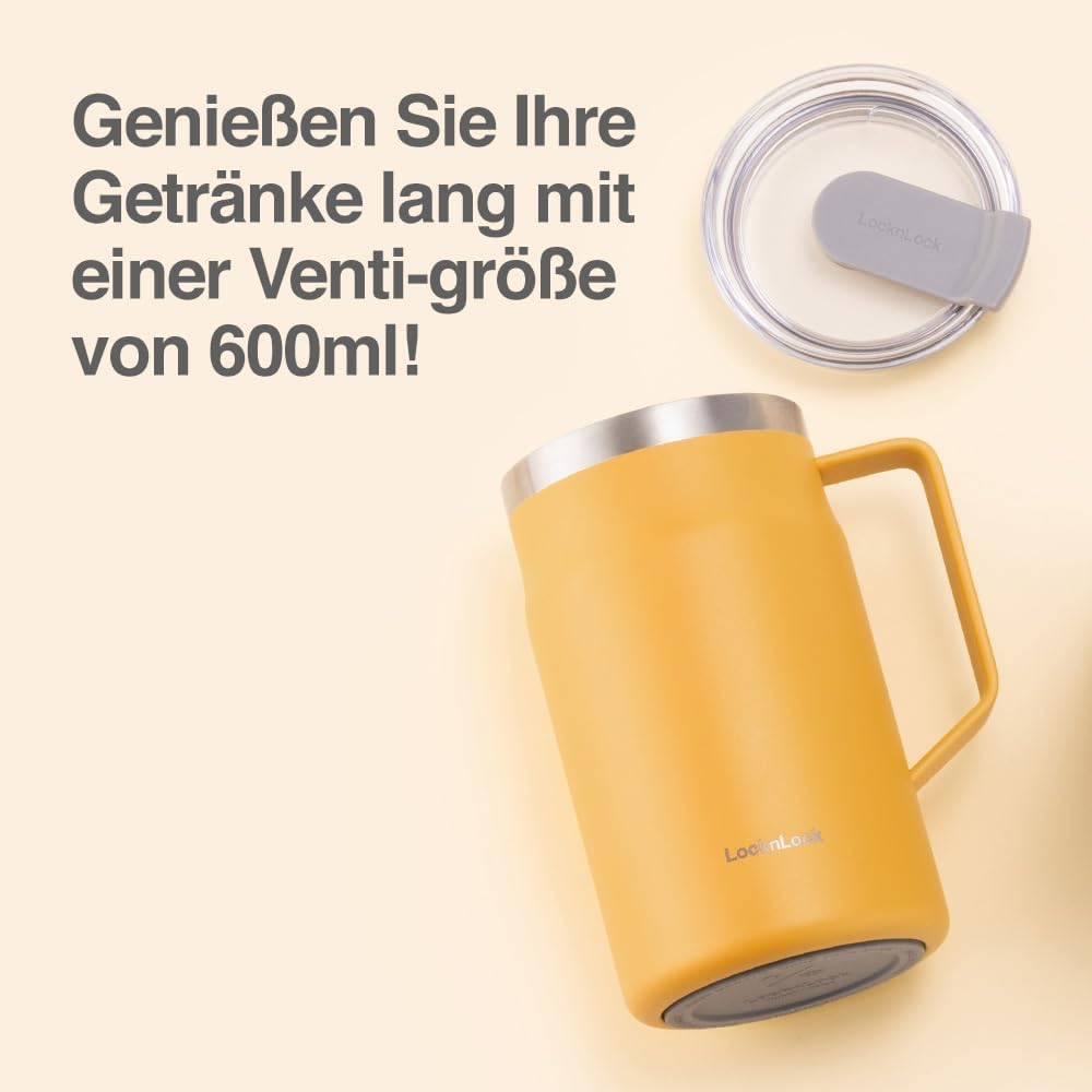 Locknlock Metro Mug Premium 18/8 Stainless Steel Double Wall Insulated with Handle Perfect for Table with Lid, Yellow, 20 Oz