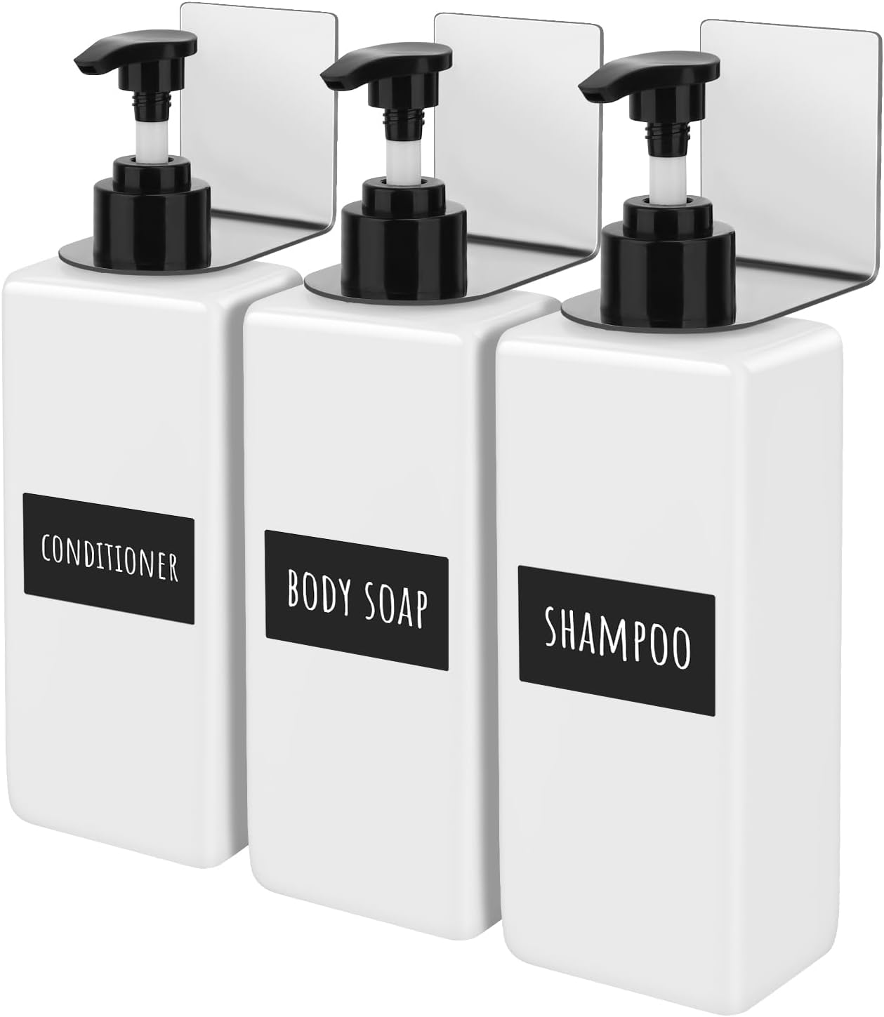 Segbeauty Wall Mounted Soap Dispenser, 3Pcs 500Ml Hand Soap Dispenser, Empty Shower Bottles, No Drilling Pump Dispenser with Labels, for Kitchen and Bathroom (Black)