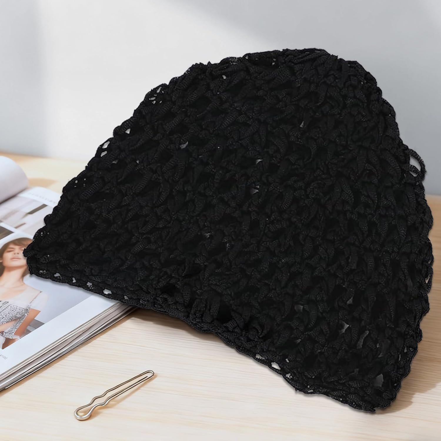 2 PCS Hair Nets for Sleeping,Crochet Mesh Wrap Caps for Silk Press, Curly Hair & Wig Protection,Soft Reusable Bonnets for Women, Lift Strap Weaving Sew for Women Ballet,Black image number 6