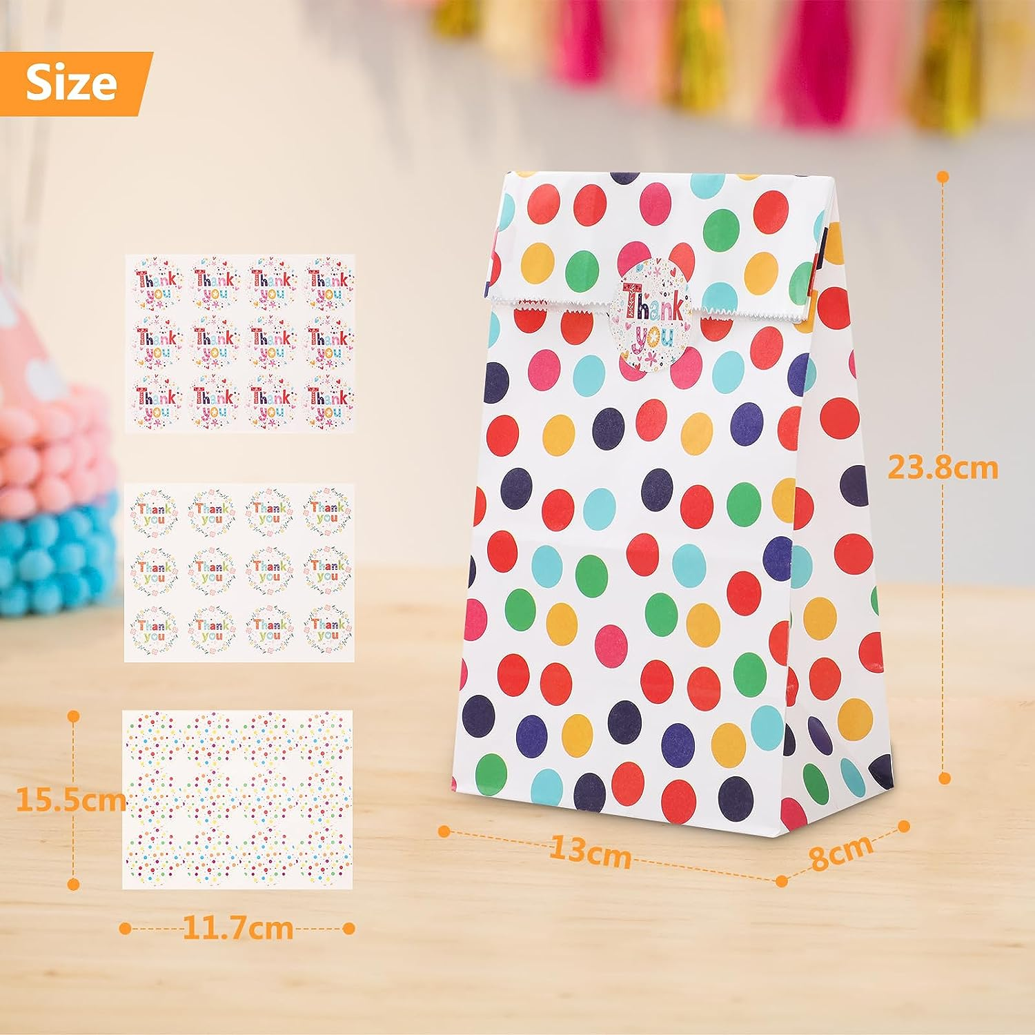 Hianjoo Paper Gift Bags, 25 Pieces Bottom Party Sweets Gift Kraft Bags Treat Bags with 48 Label Stickers for Lunch & Snacks image number 3