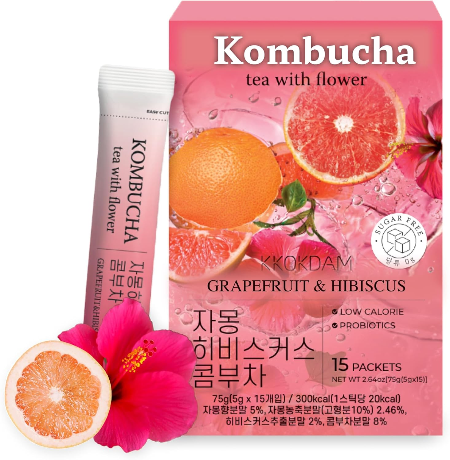KKOKDAM Kombucha Tea - Korean Grapefruit & Hibiscus Tea: Kombucha with 15 Packs of Kombucha Beverages, Probiotic & Low Calorie Support & S 5G (Pack of 15) image number 1