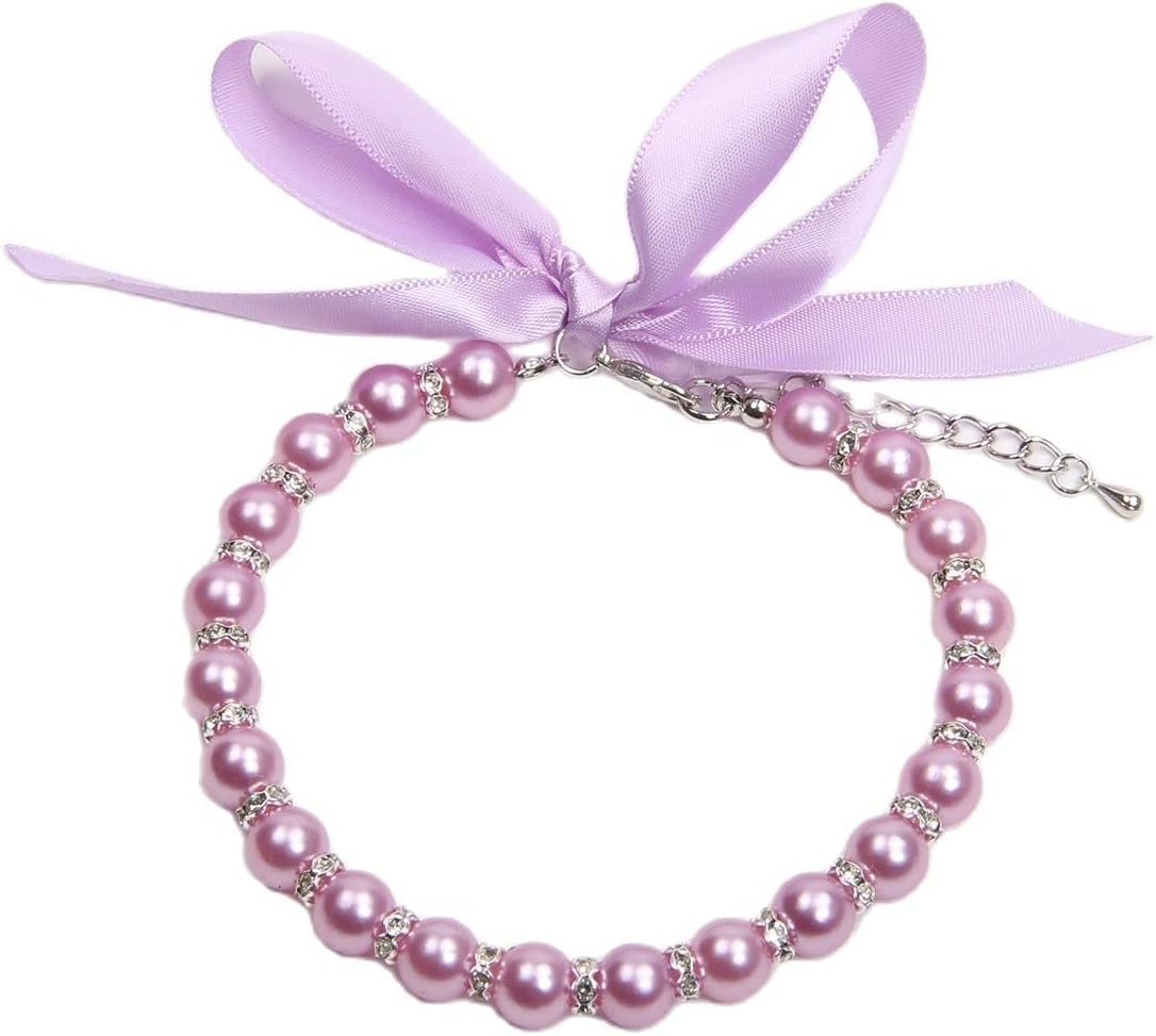 Dog Cat Pearls Necklace Collar with Bling Accessories and Ribbon Bow Pet Puppy Jewelry for Female Dogs Cats Small Medium (M, Pink)