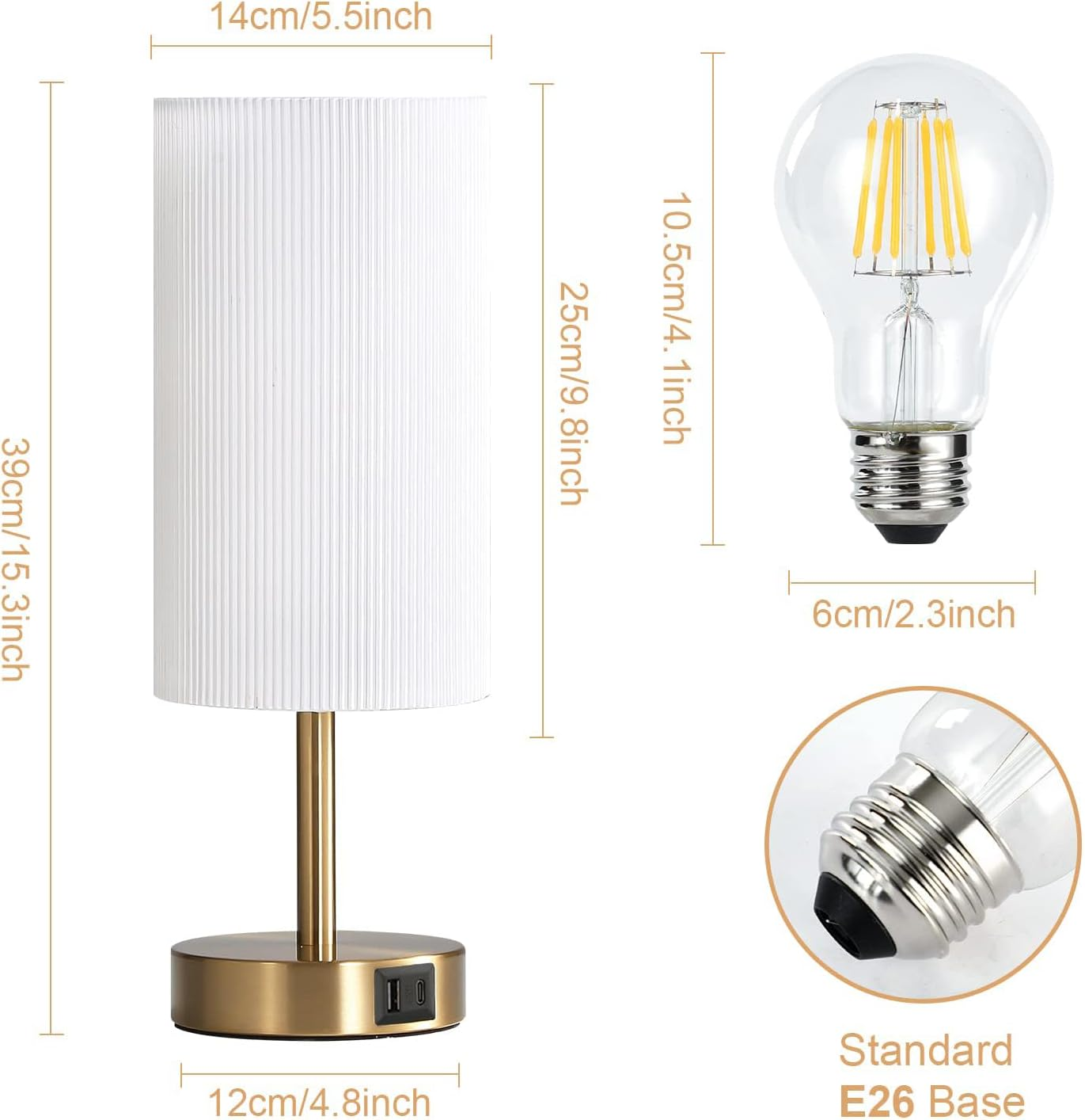 Kinsdan Bedside Table Lamp, Touch Control Bedside Lamp with USB Port, Dimmable Nightstand Lamp with Fabric Shade, Desk Lamp for Living Room, Dorm, Home, Office (LED Bulb Included), White image number 6